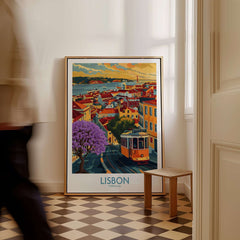 Lisbon Art Print featuring tram 28 and Jacaranda trees in a stylish interior setting.