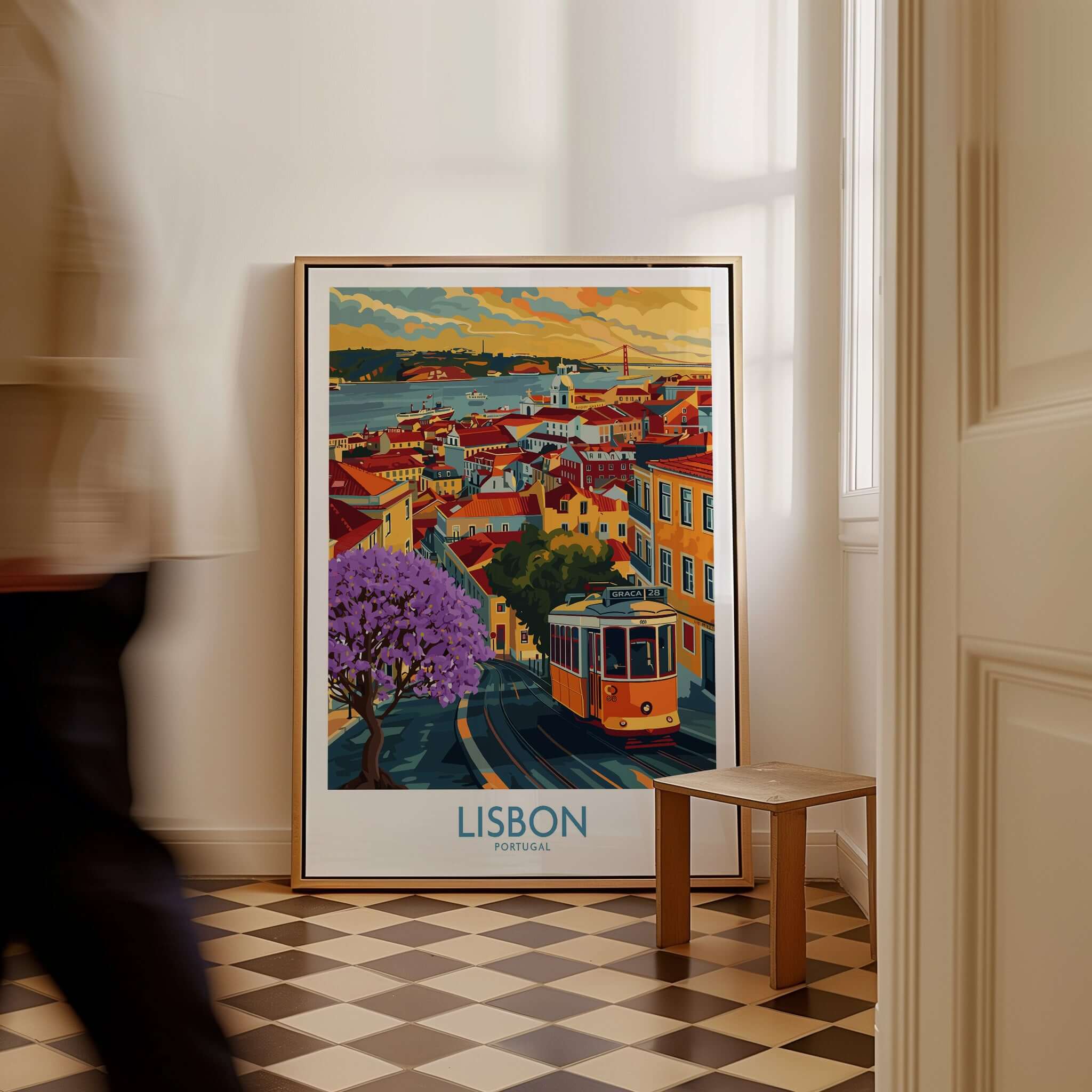 Lisbon Art Print featuring tram 28 and Jacaranda trees in a stylish interior setting.
