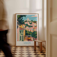 Lisbon Art Travel Print showcasing vibrant Lisbon streets with tram 28, perfect for art lovers and travel enthusiasts.
