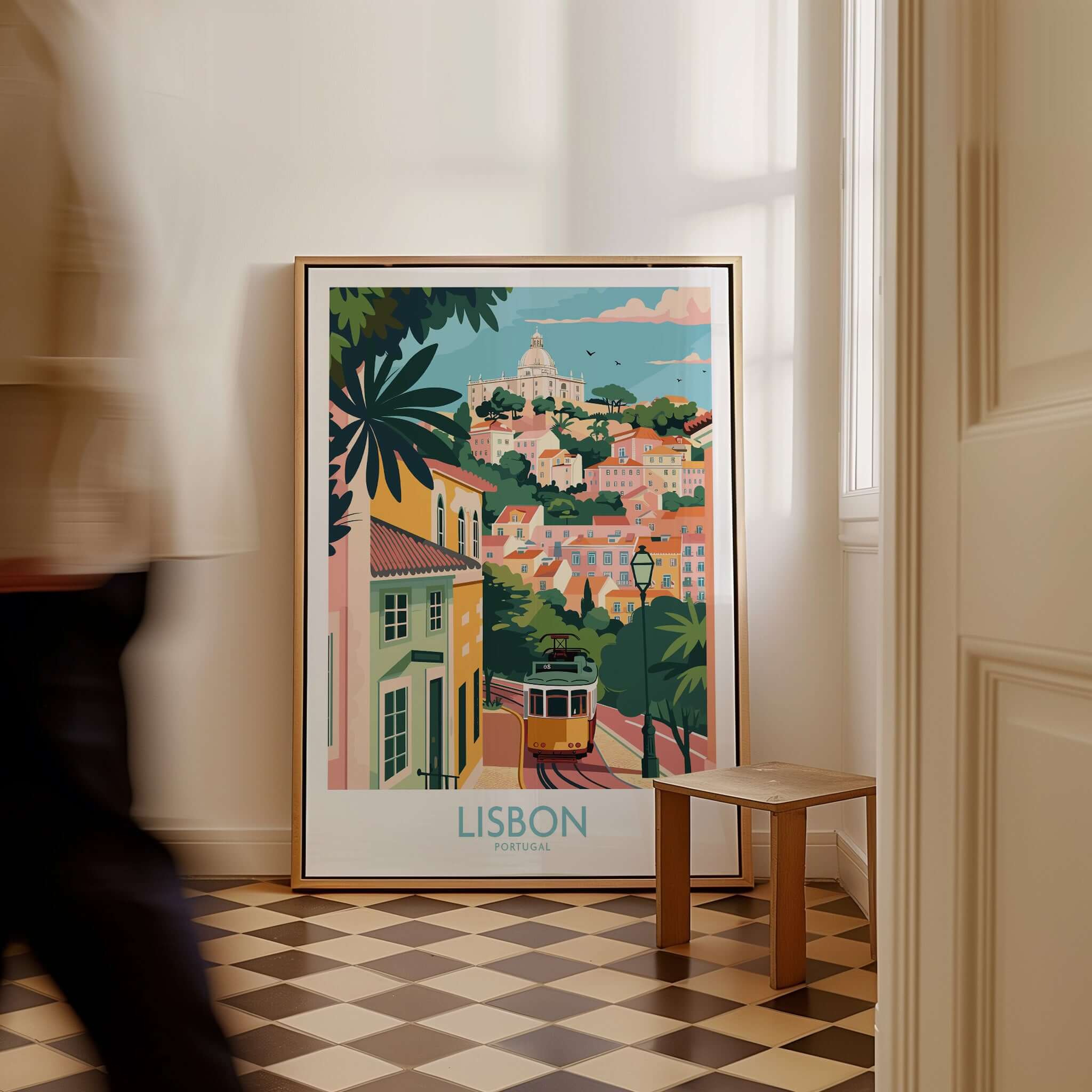 Lisbon Art Travel Print showcasing vibrant Lisbon streets with tram 28, perfect for art lovers and travel enthusiasts.