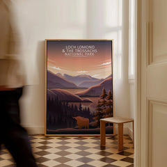 Framed Loch Lomond National Park travel poster with sunset mountains and trees on floor