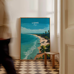 Lomé Togo Wall Art Print | Tropical Beach Travel Poster showcasing a beautiful beach with turquoise waters and palm trees.