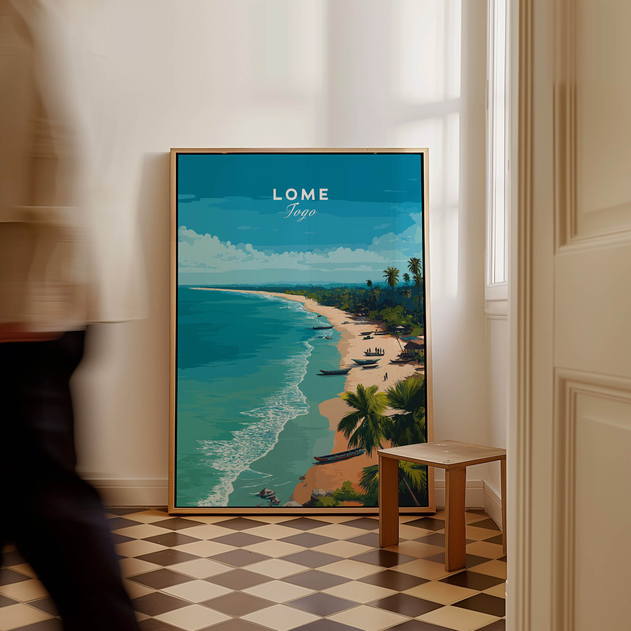 Lomé Togo Wall Art Print | Tropical Beach Travel Poster showcasing a beautiful beach with turquoise waters and palm trees.