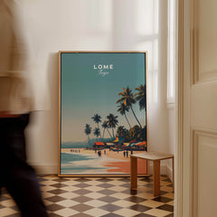 Lome Togo Poster Print Africa displayed in a stylish interior with beach scene and vibrant palm trees.
