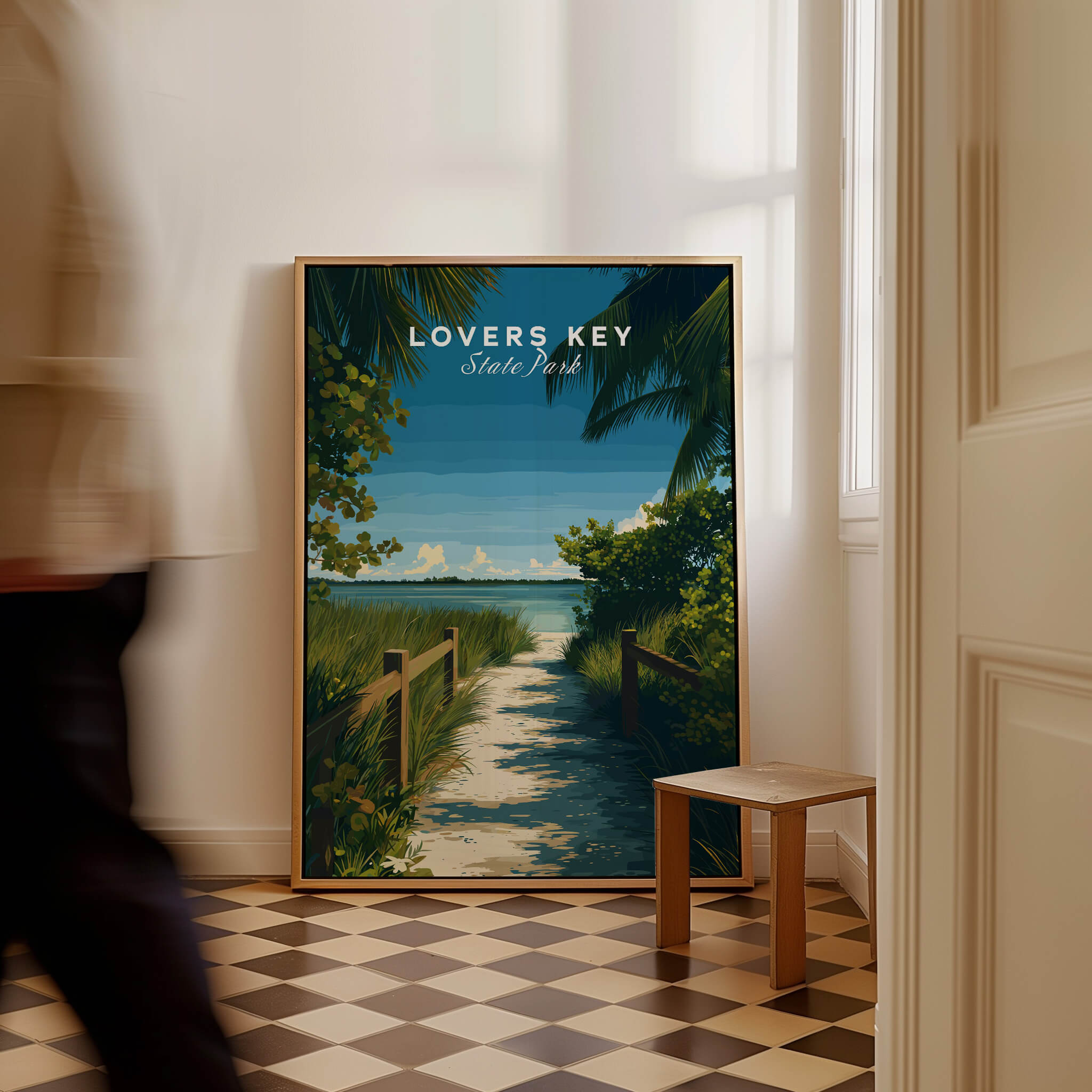 Lovers Key Florida Wall Art Print | State Park Beach Travel Poster displayed in a stylish interior setting.