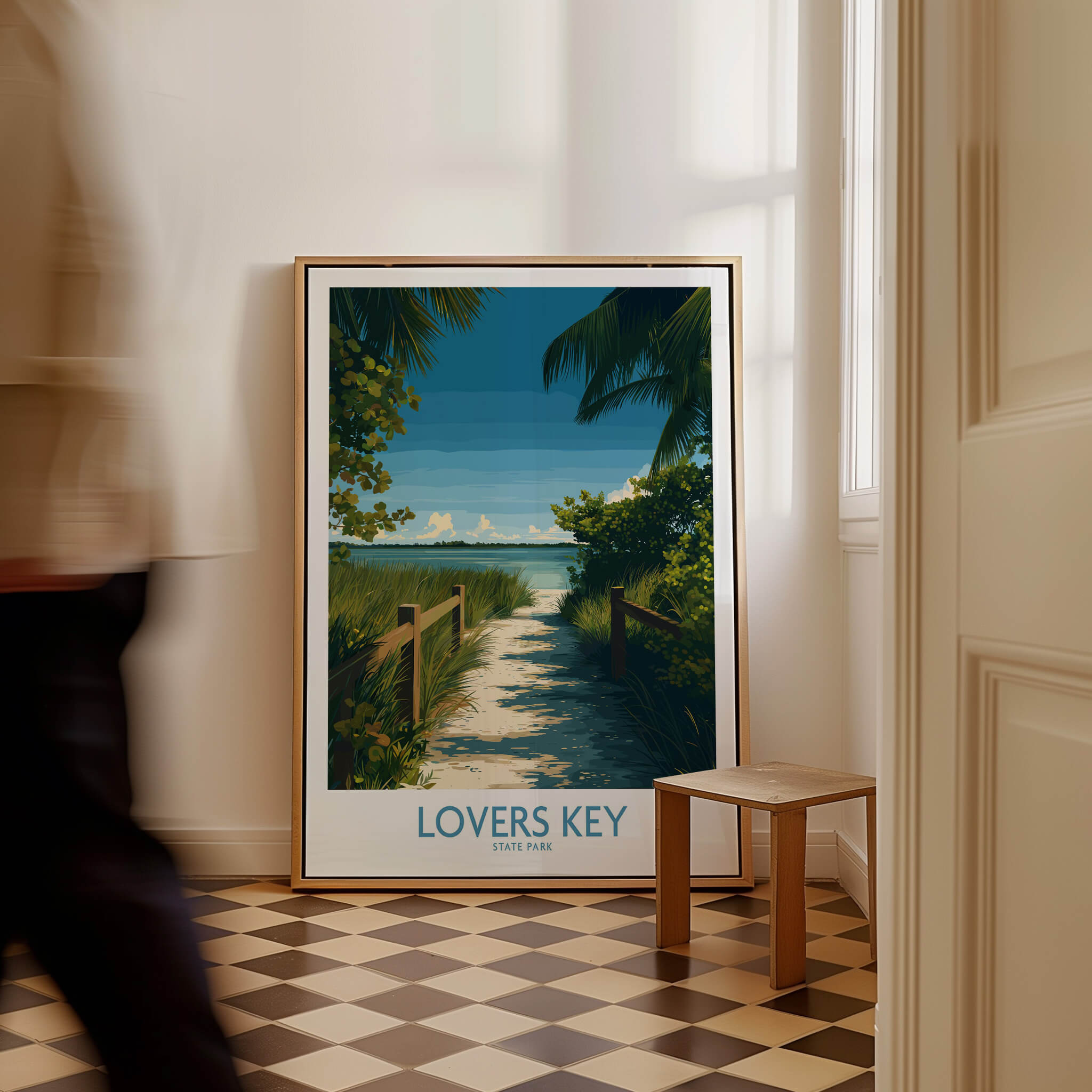 Lovers Key Florida Poster | Tropical Nature Path Canvas Print displayed in a stylish interior with checkerboard flooring.