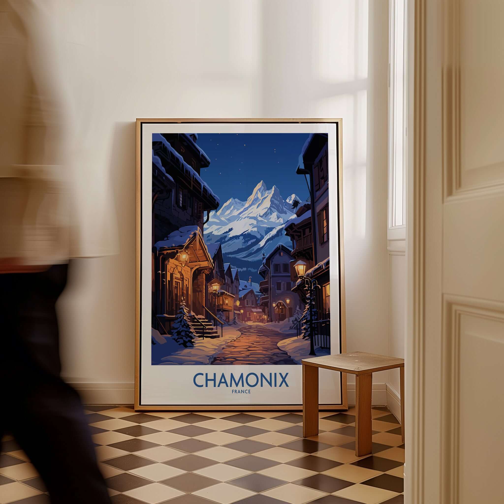 Chamonix Print ski poster showcasing a snowy mountain town with CHAMONIX text, perfect for home decor and gifts.