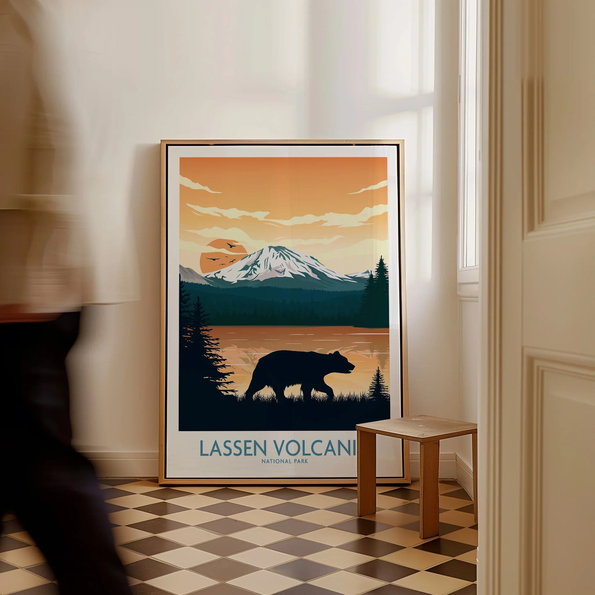 Framed Lassen Volcanic National Park travel poster with bear silhouette and mountain art