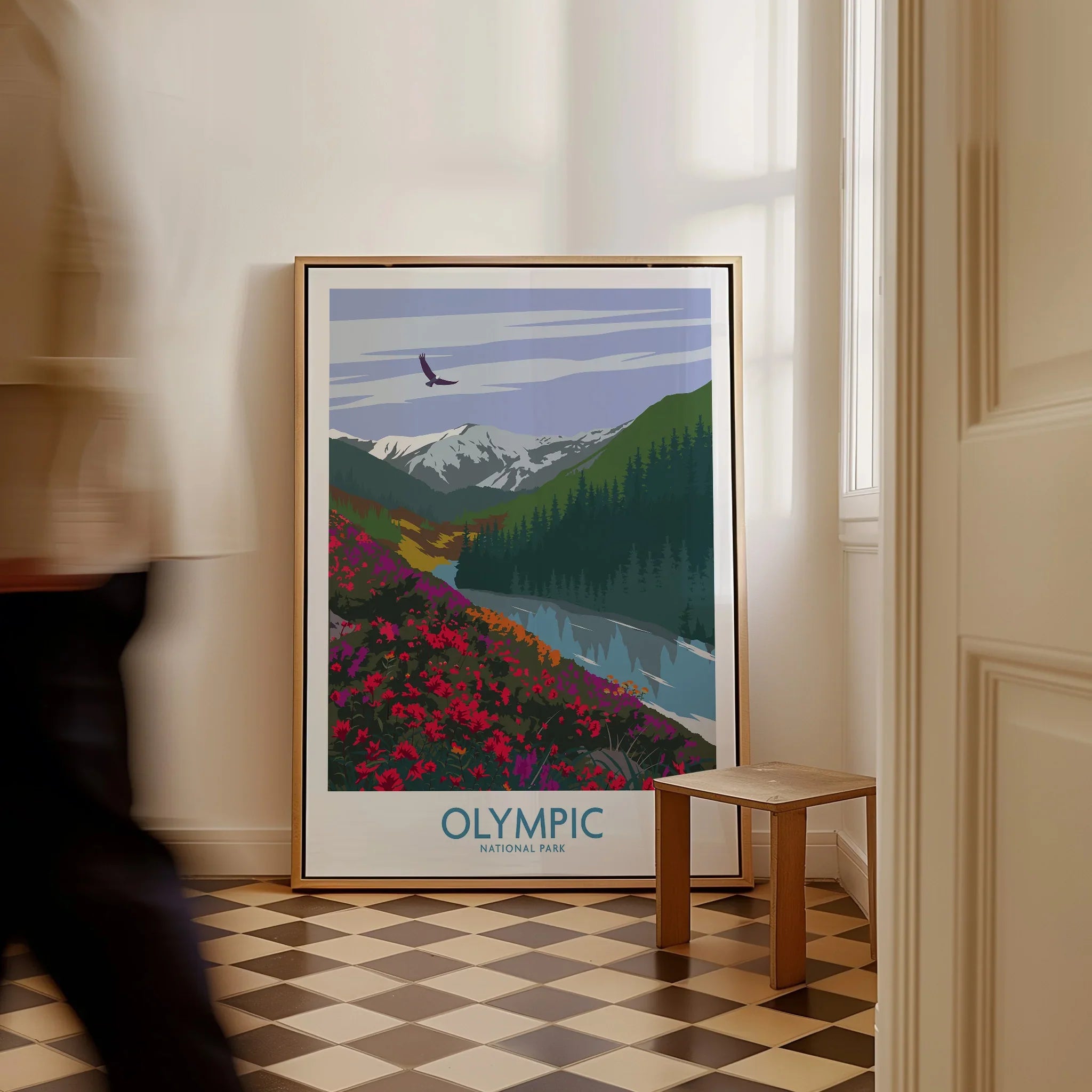 Olympic National Park framed art print with mountain and forest landscape, leaning on floor
