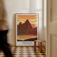 Framed Pinnacles National Park travel poster with warm sunset colors on checkered floor