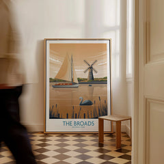 Framed The Broads National Park travel poster with sailboat, windmill, and swan, in hallway