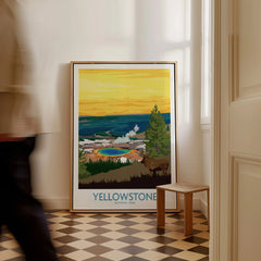 Yellowstone National Park framed travel poster with landscape art on floor in modern hallway