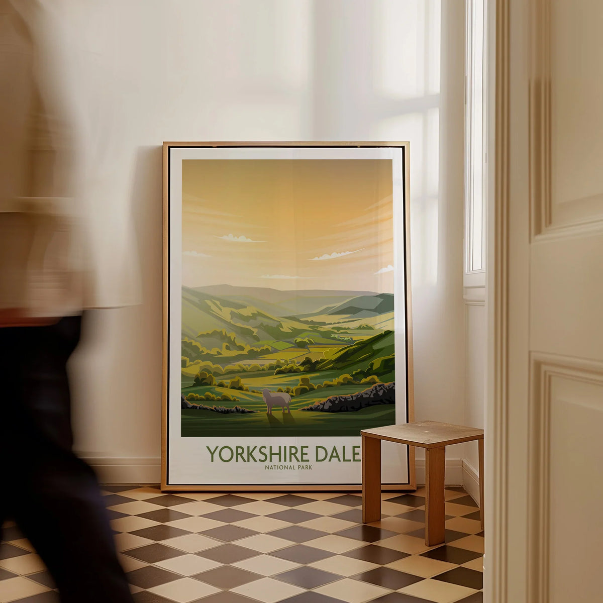 Framed Yorkshire Dales National Park travel poster on floor in modern home entryway