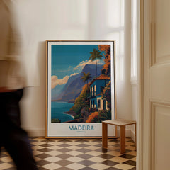 Framed Madeira Portugal travel poster with coastal landscape leaning on checkered floor wall art