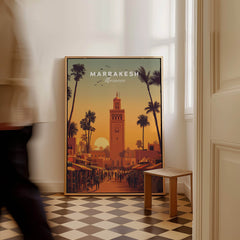 Marrakesh Morocco Wall Art Print | Koutoubia Mosque Travel Posters displayed in a stylish interior setting.