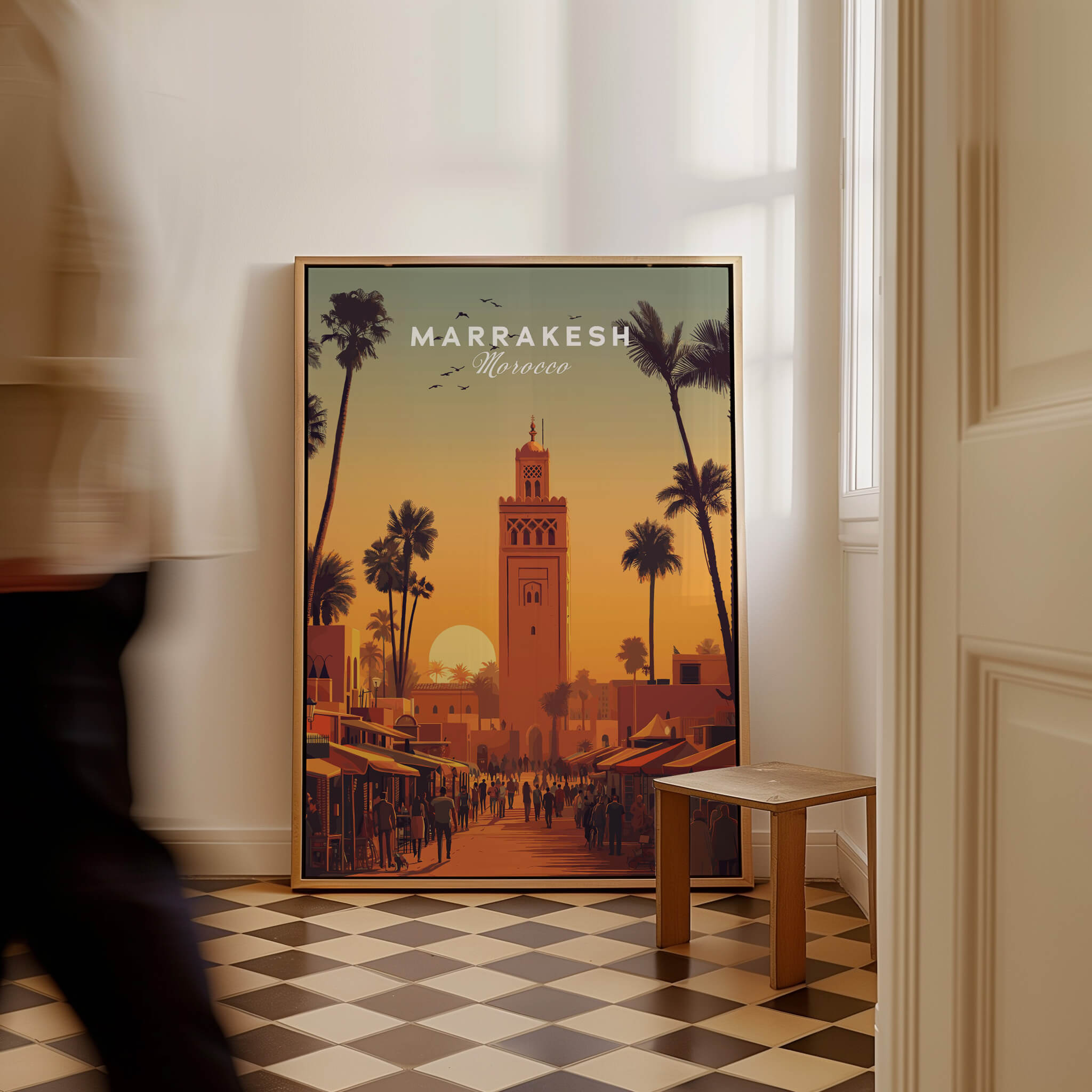 Marrakesh Morocco Wall Art Print | Koutoubia Mosque Travel Posters displayed in a stylish interior setting.