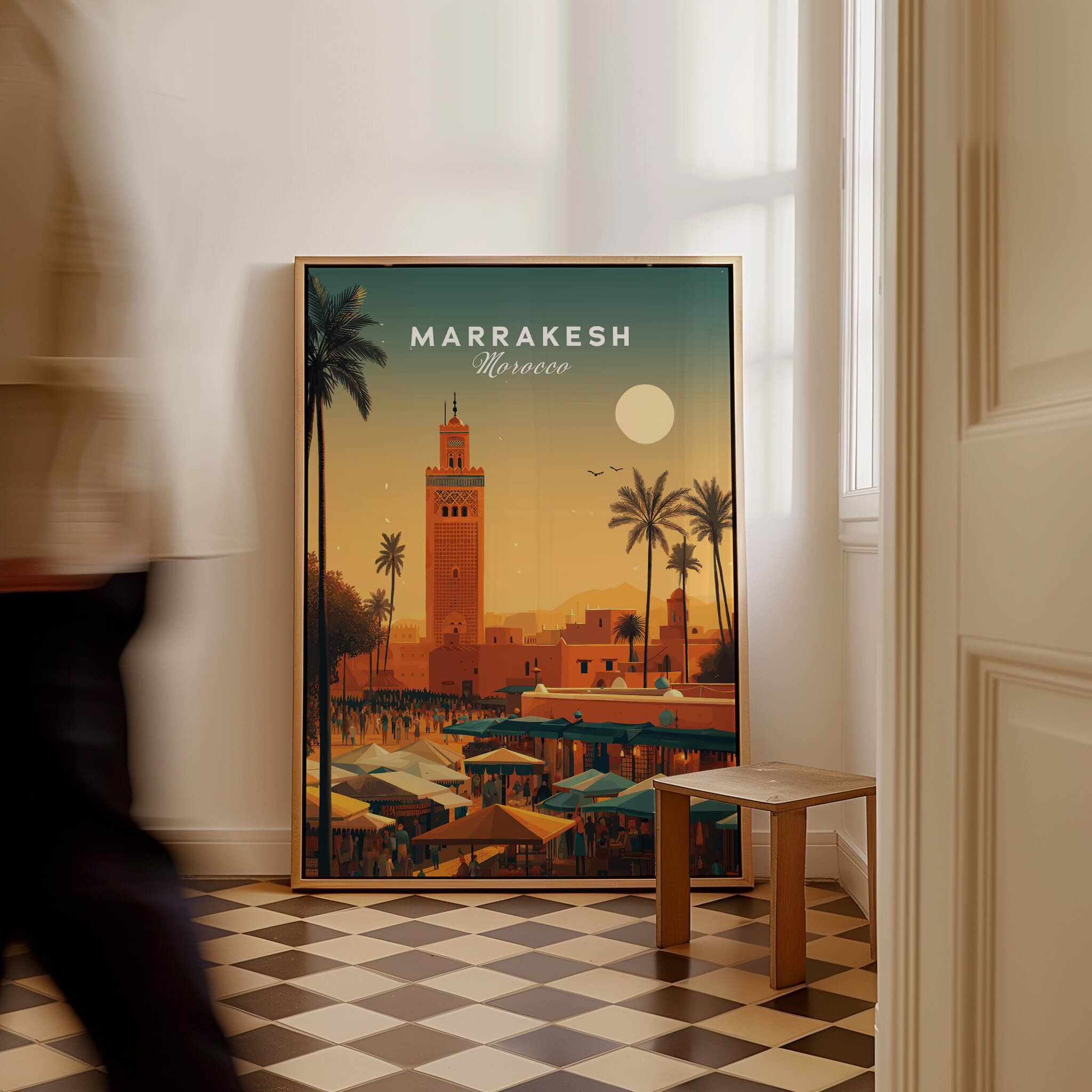 Marrakesh Morocco Wall Art Print | Bustling City Market Travel Posters featuring a vibrant city scene.