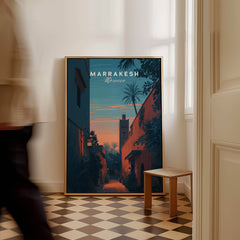Marrakesh Morocco Travel Poster | Medina Alleyway Twilight Wall Art Print in a stylish interior setting.