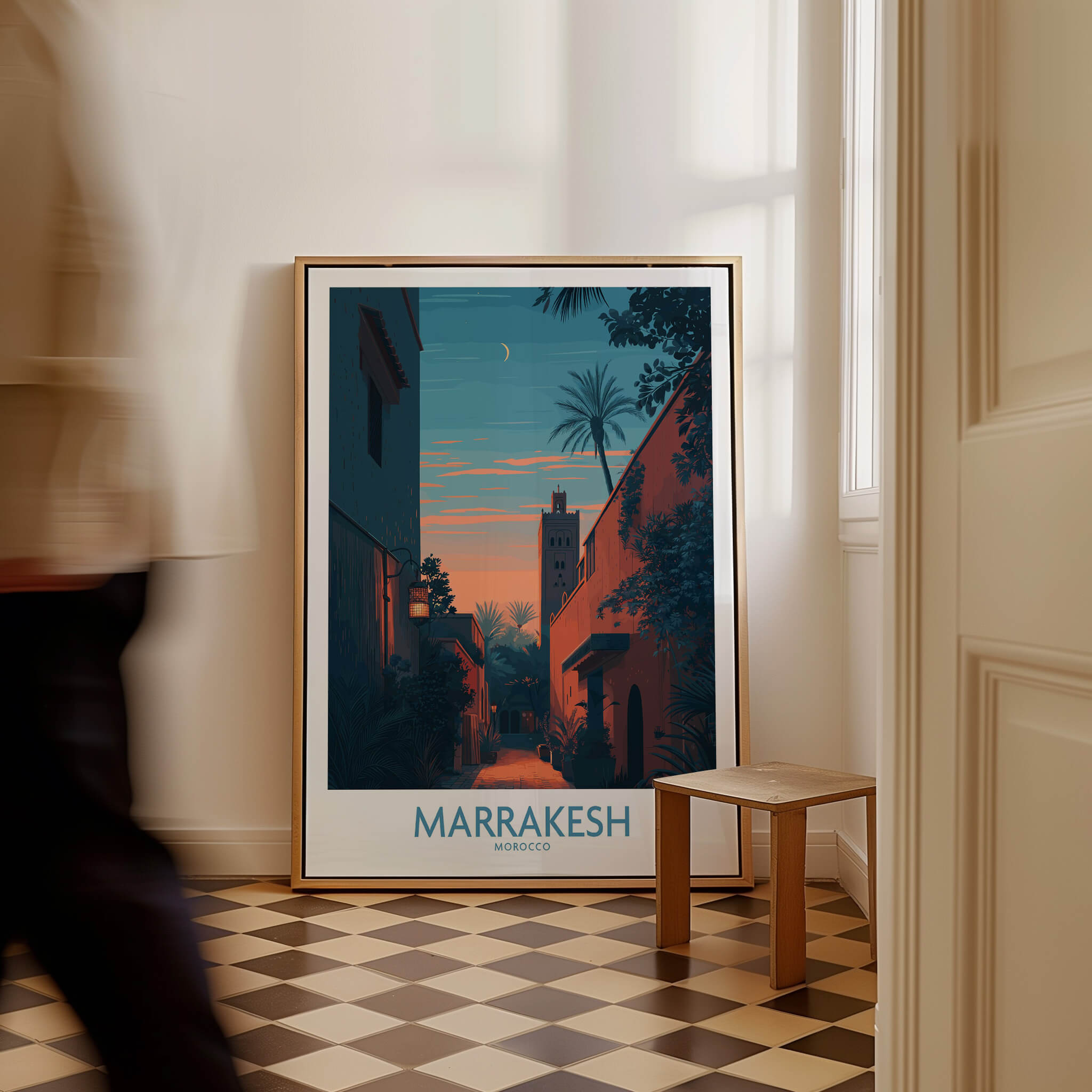 Marrakesh Morocco Canvas Print | Cityscape Poster in a modern home interior showcasing a beautiful sunset scene.