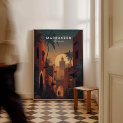 Marrakesh Morocco Wall Art Print | Sunset Medina Alleyway Travel Poster in a stylish interior setting.