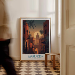 Marrakesh Morocco Poster | Romantic Moroccan Twilight Canvas Print displayed in a modern interior with checkered floor.