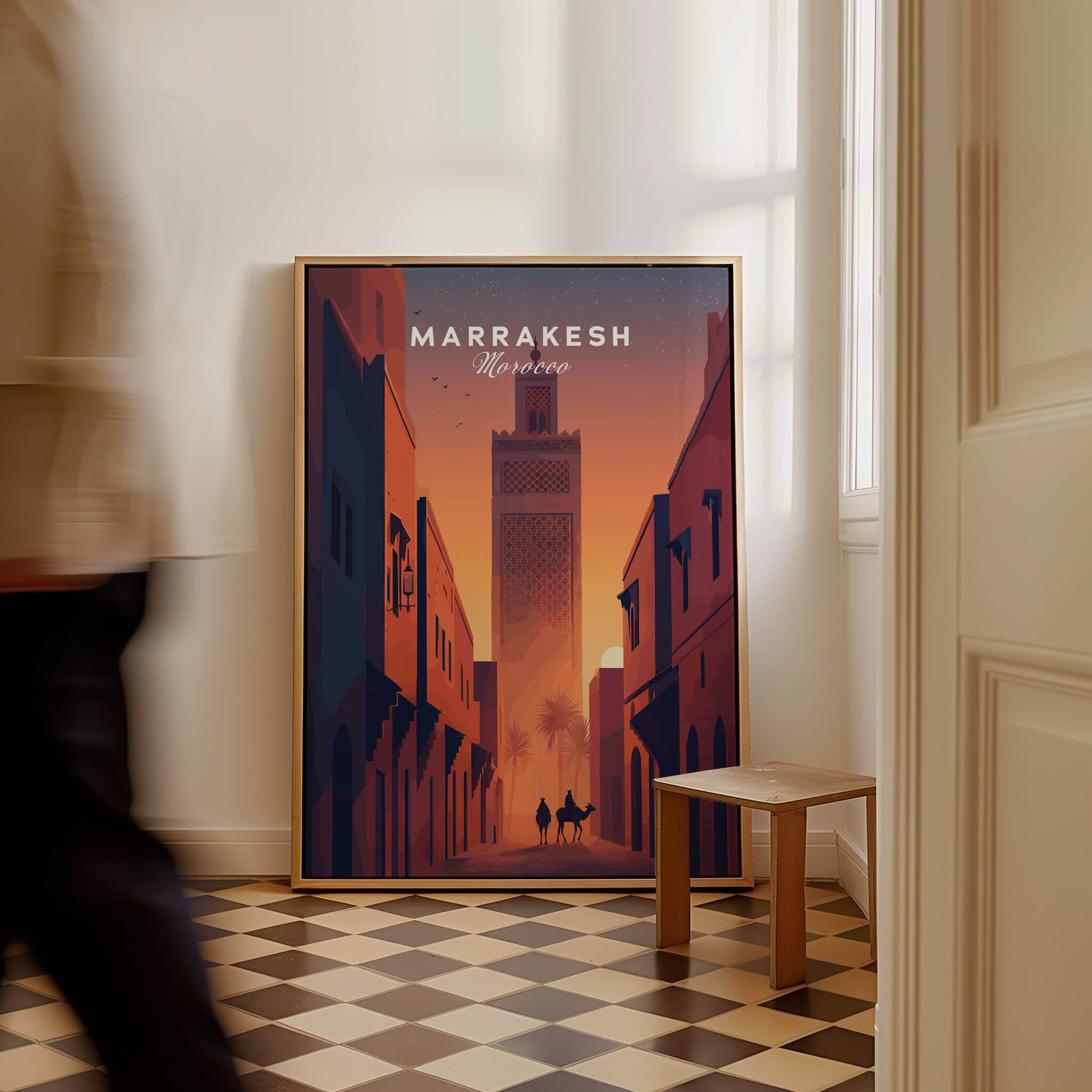 Marrakesh Morocco Travel Poster | Iconic Koutoubia Minaret Wall Art Print in a stylish interior setting.