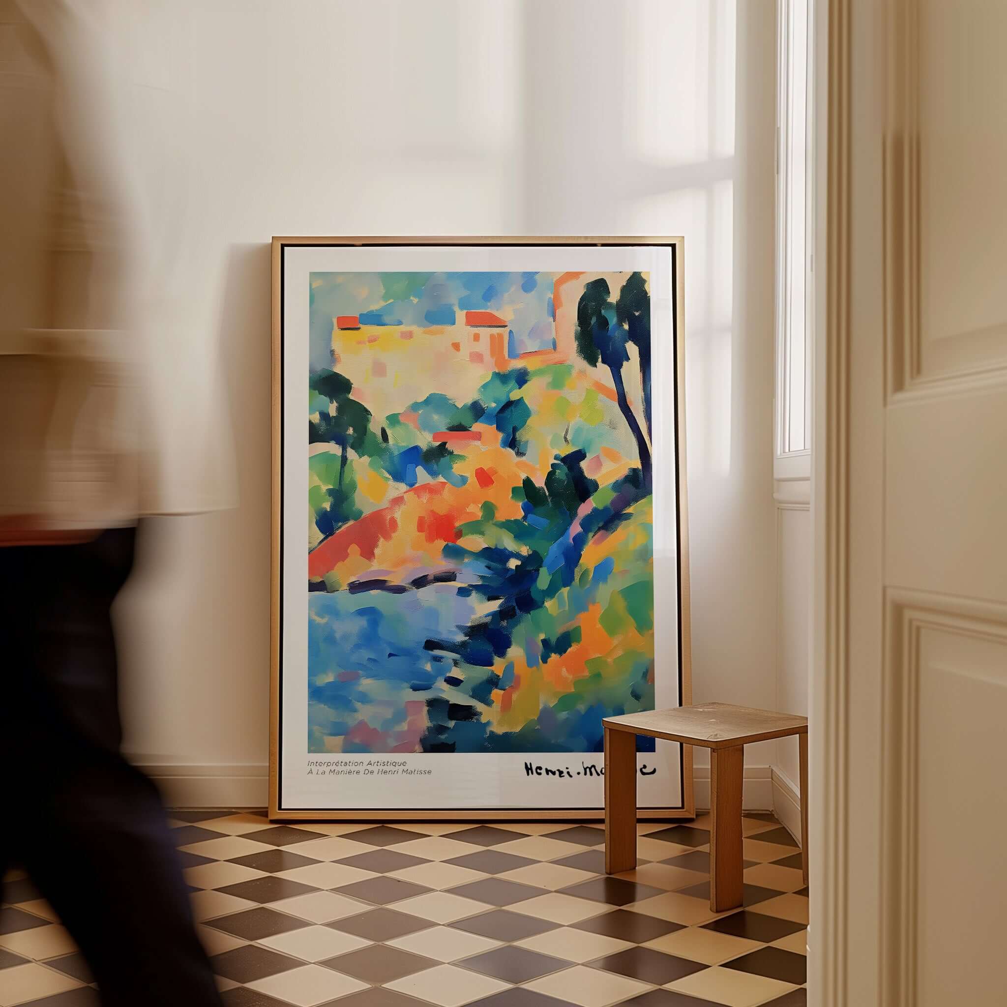 Matisse Art Prints - Abstract Coastal Landscape Poster displayed in a chic interior setting with a wooden stool.