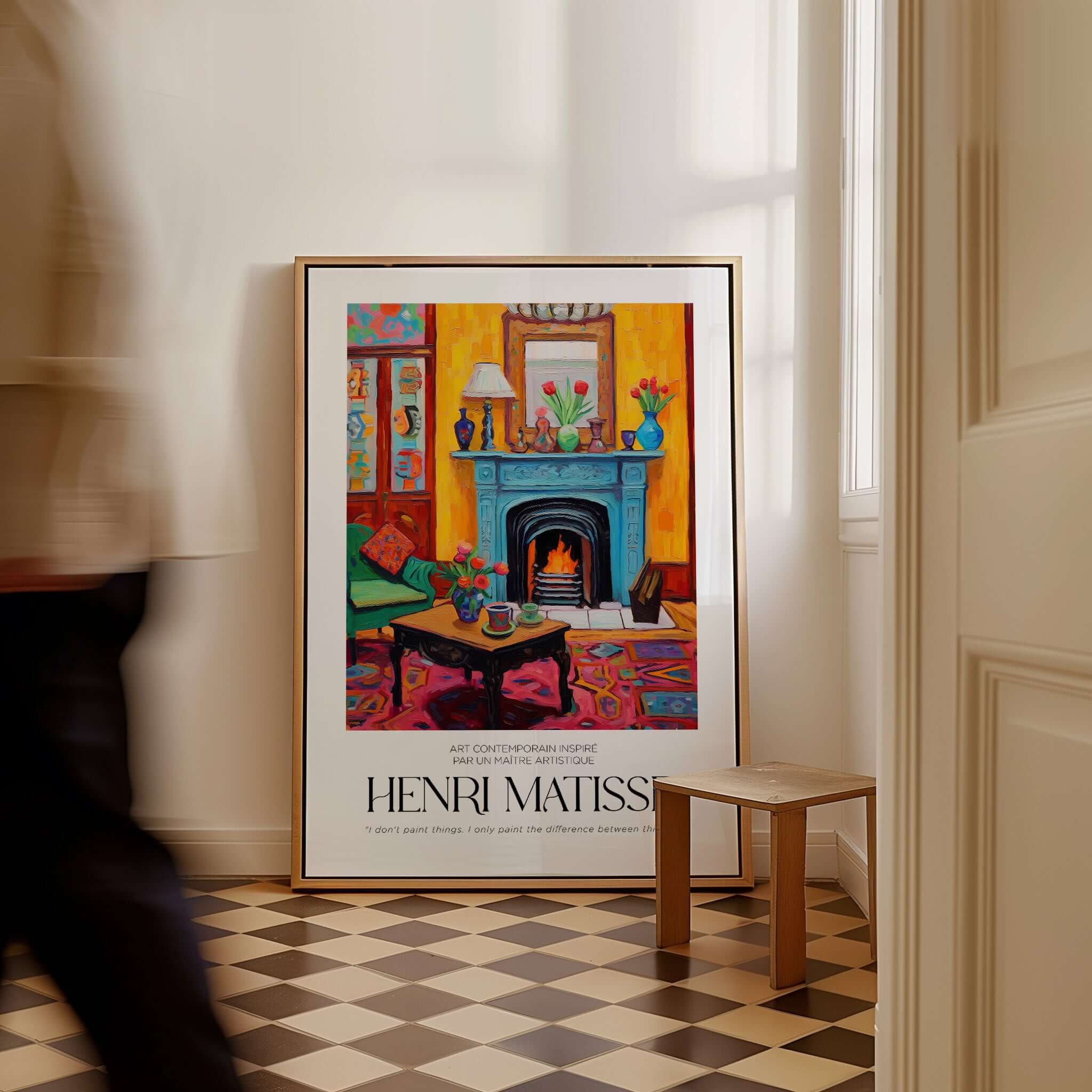 Matisse Art Prints - Cozy Fireplace Interior Poster displayed beside a table, featuring a vibrant fireplace scene.