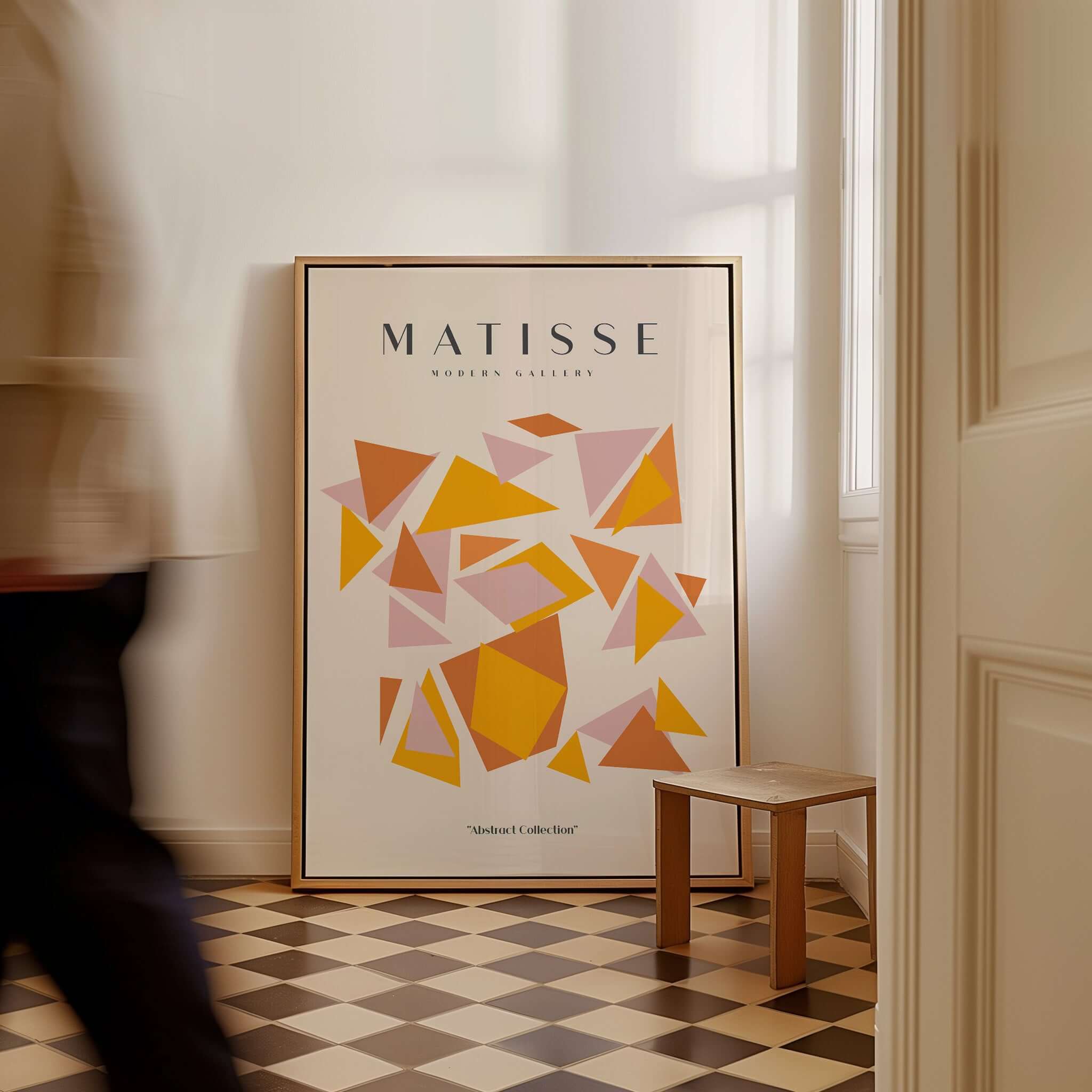 Matisse Art Prints - Warm Tone Geometric Triangles Poster displayed in a modern interior setting.