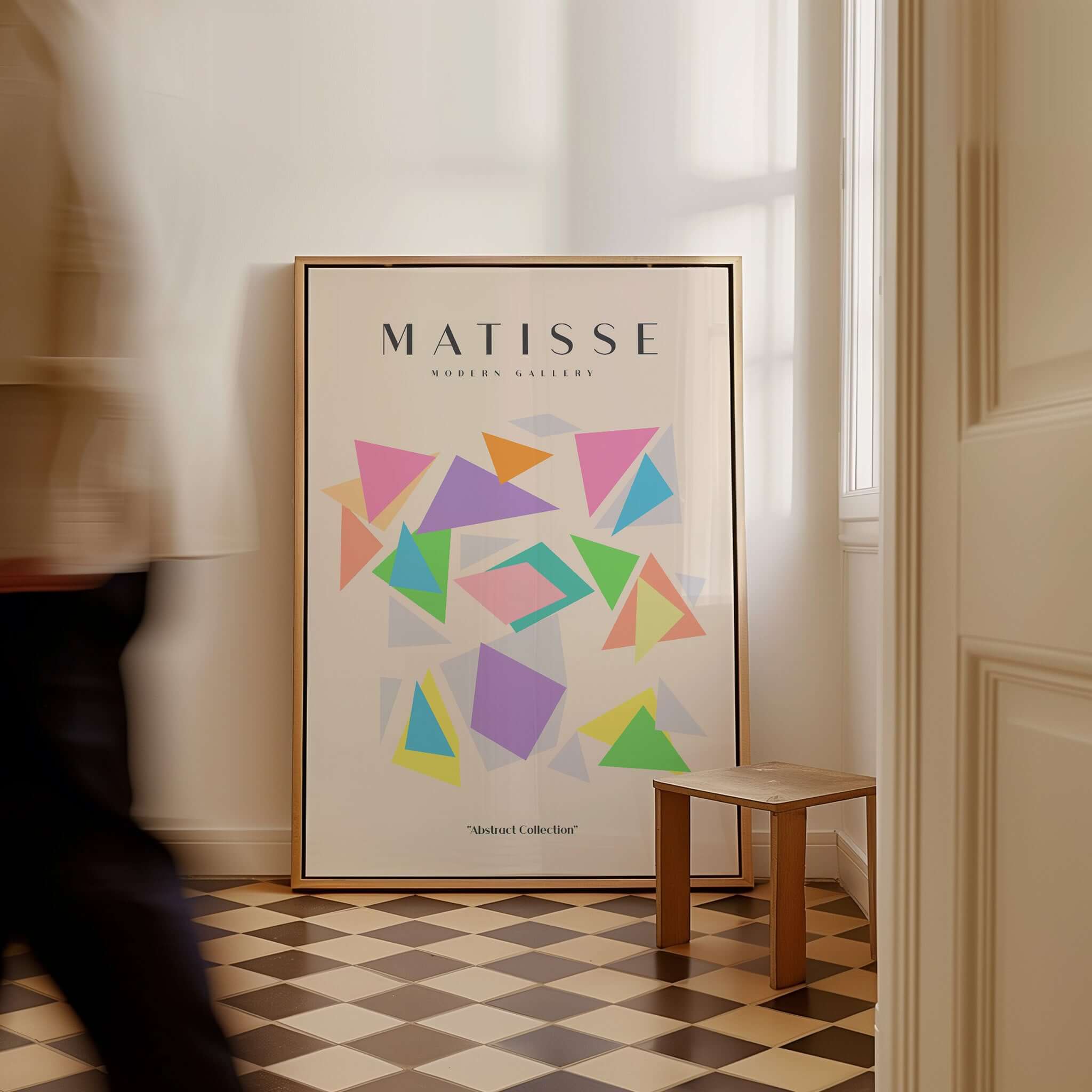 Matisse Art Prints - Colorful Geometric Triangles Poster displayed in a stylish interior with geometric shapes.