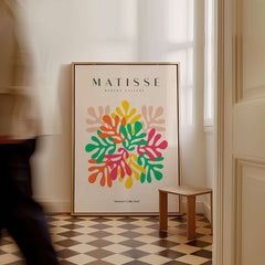 Matisse Art Prints - Interlocking Colorful Leaves Abstract Print displayed in a stylish interior with geometric floor