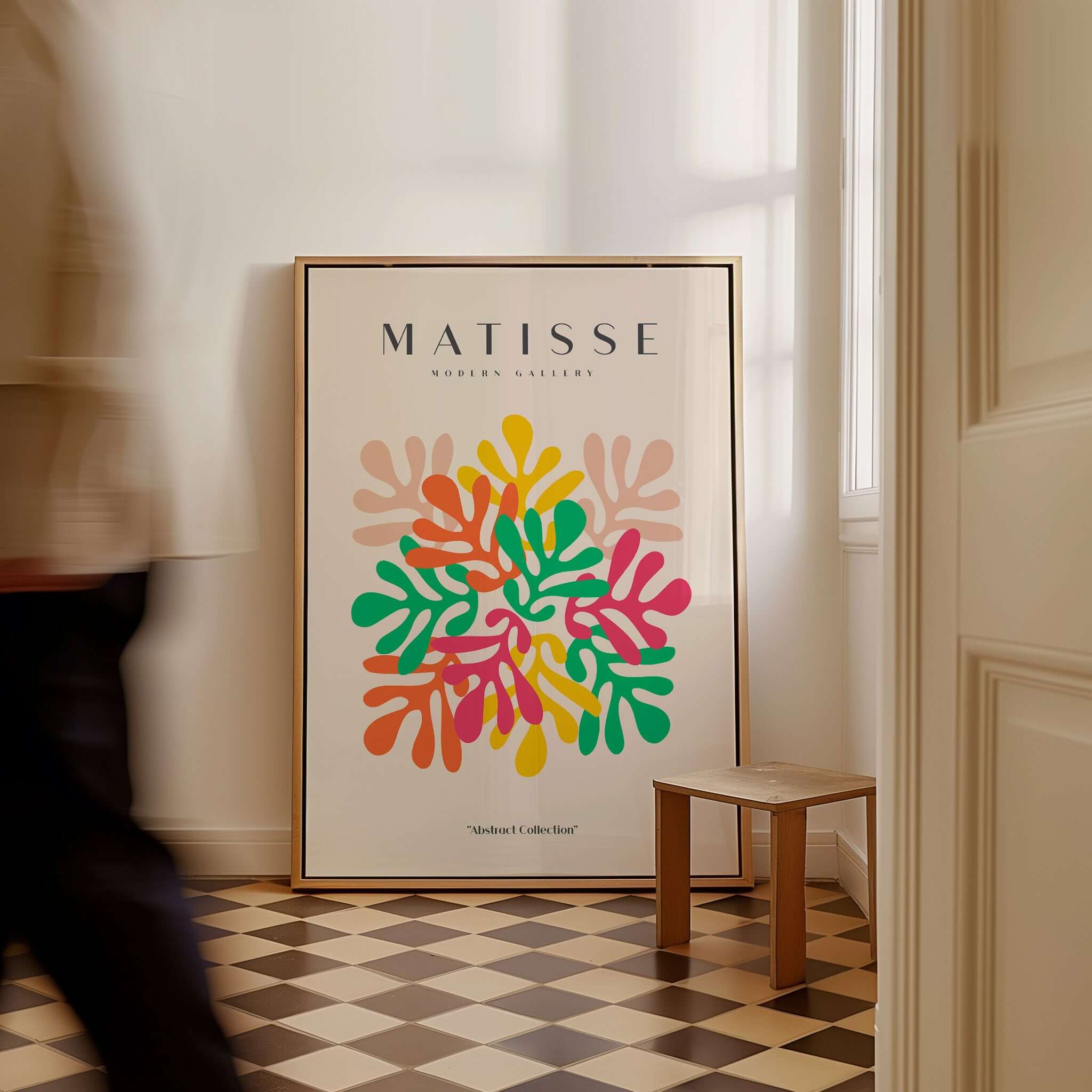 Matisse Art Prints - Interlocking Colorful Leaves Abstract Print displayed in a stylish interior with geometric floor