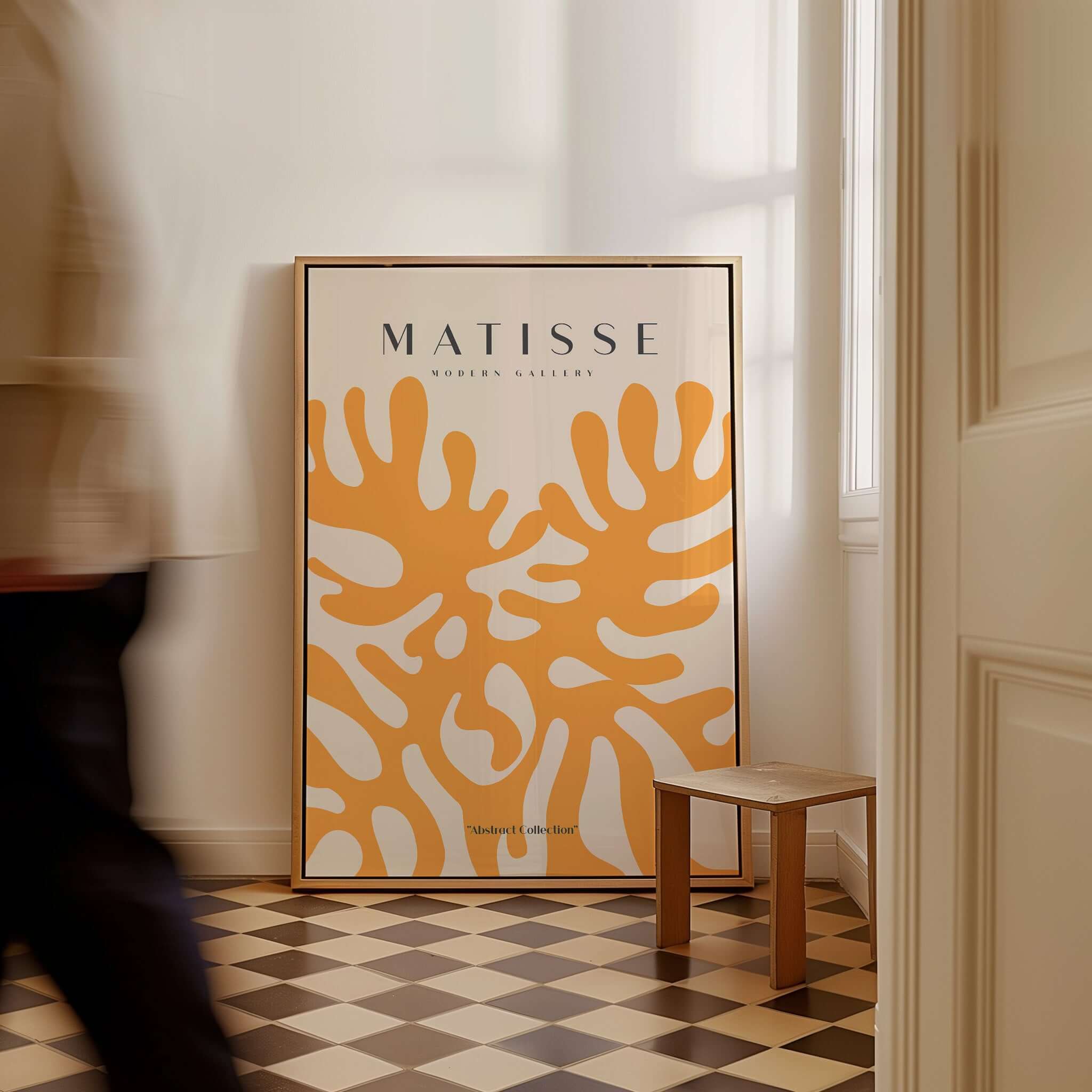 Matisse Art Prints - Orange Abstract Coral Pattern Poster displayed in a stylish interior setting with a wooden stool.