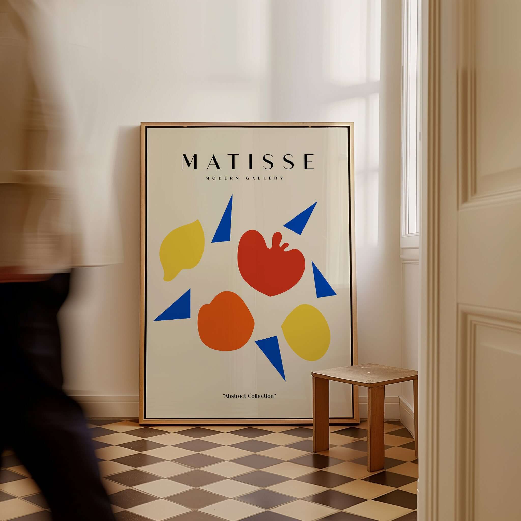 Matisse Art Prints - Abstract Fruit Shapes Blue Triangles Poster showcasing colorful fruit shapes and blue triangles in a modern setting.