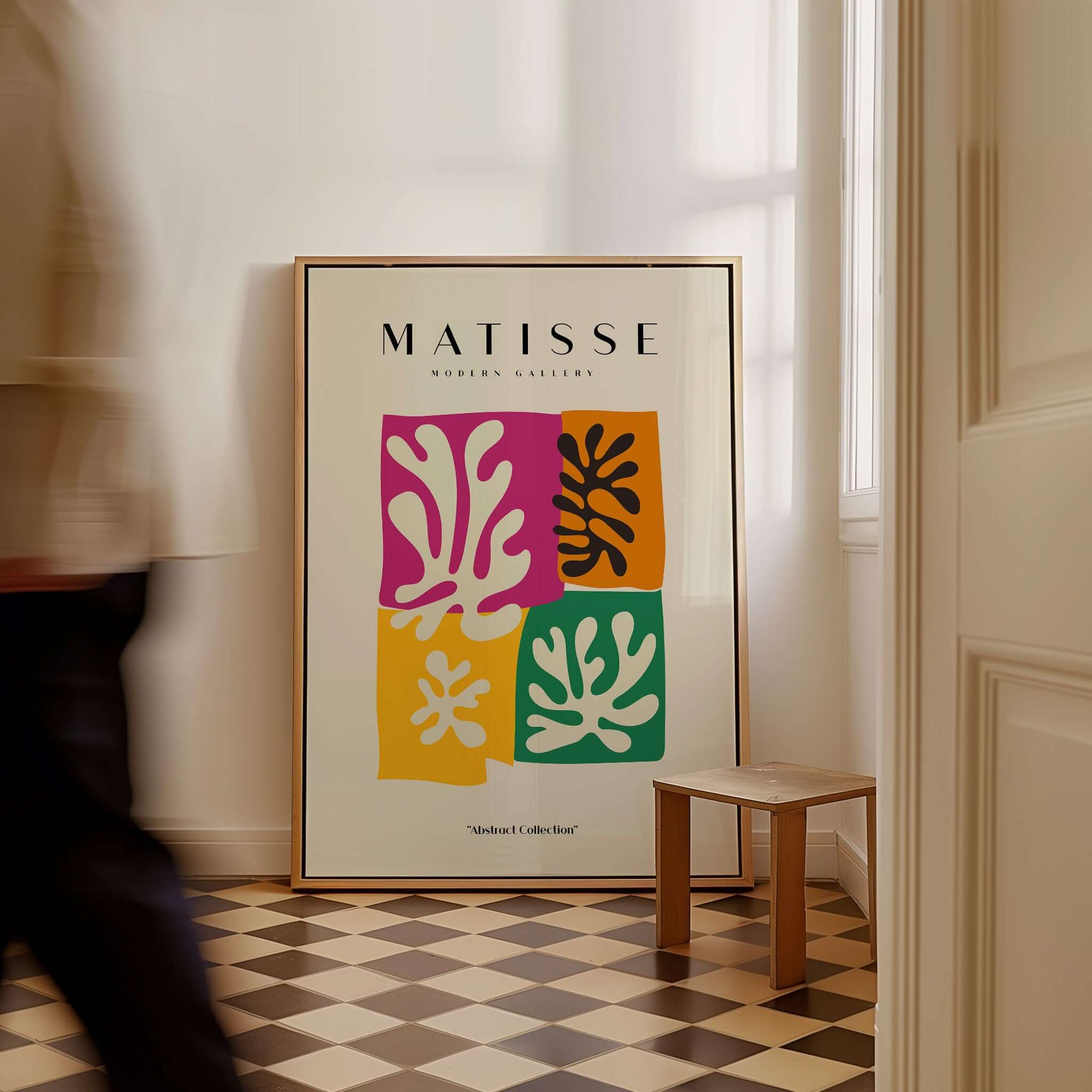 Matisse Art Prints - Four Block Abstract Leaves Poster displayed in a modern interior with a patterned floor.