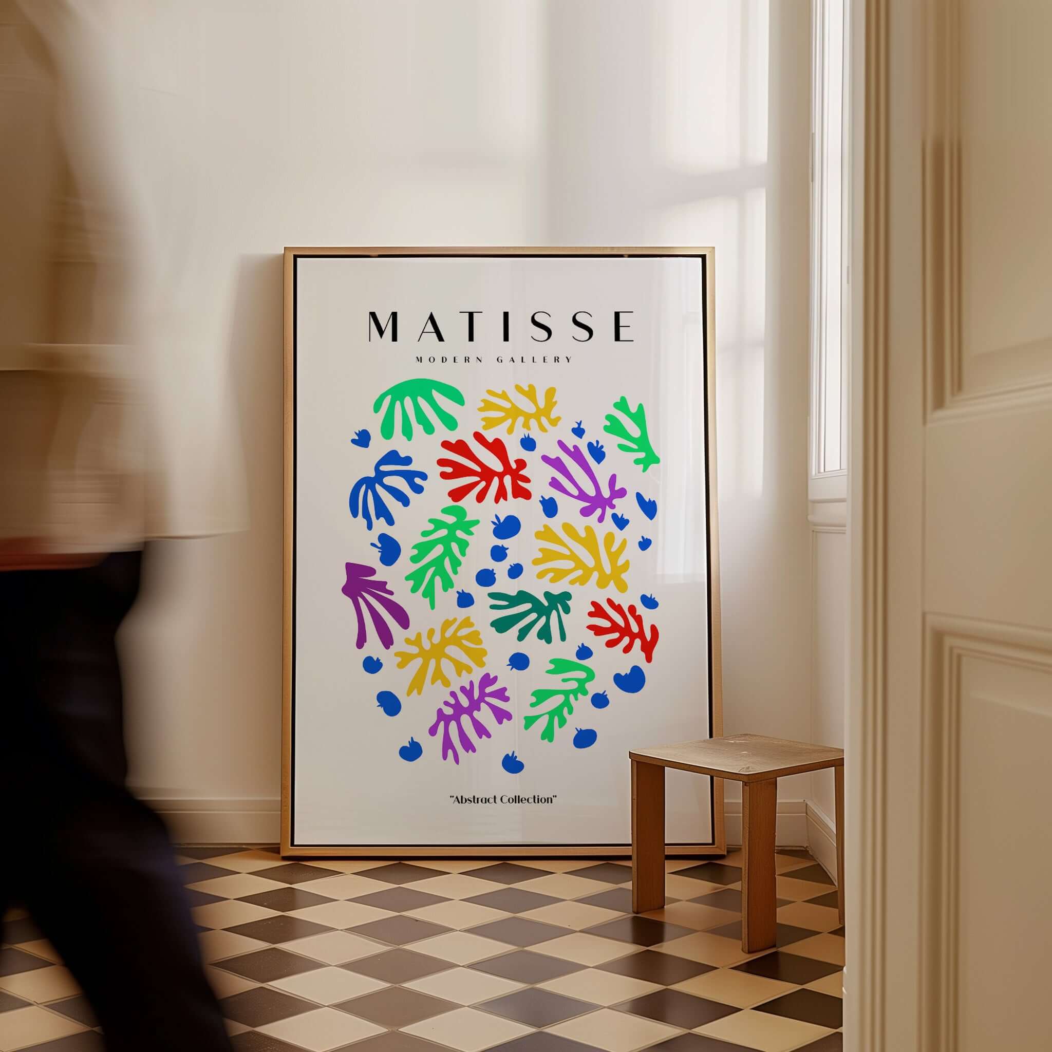 Matisse Art Prints - Colourful Scattered Abstract Leaves Dots Poster displayed in a stylish interior with colorful leaf shapes.