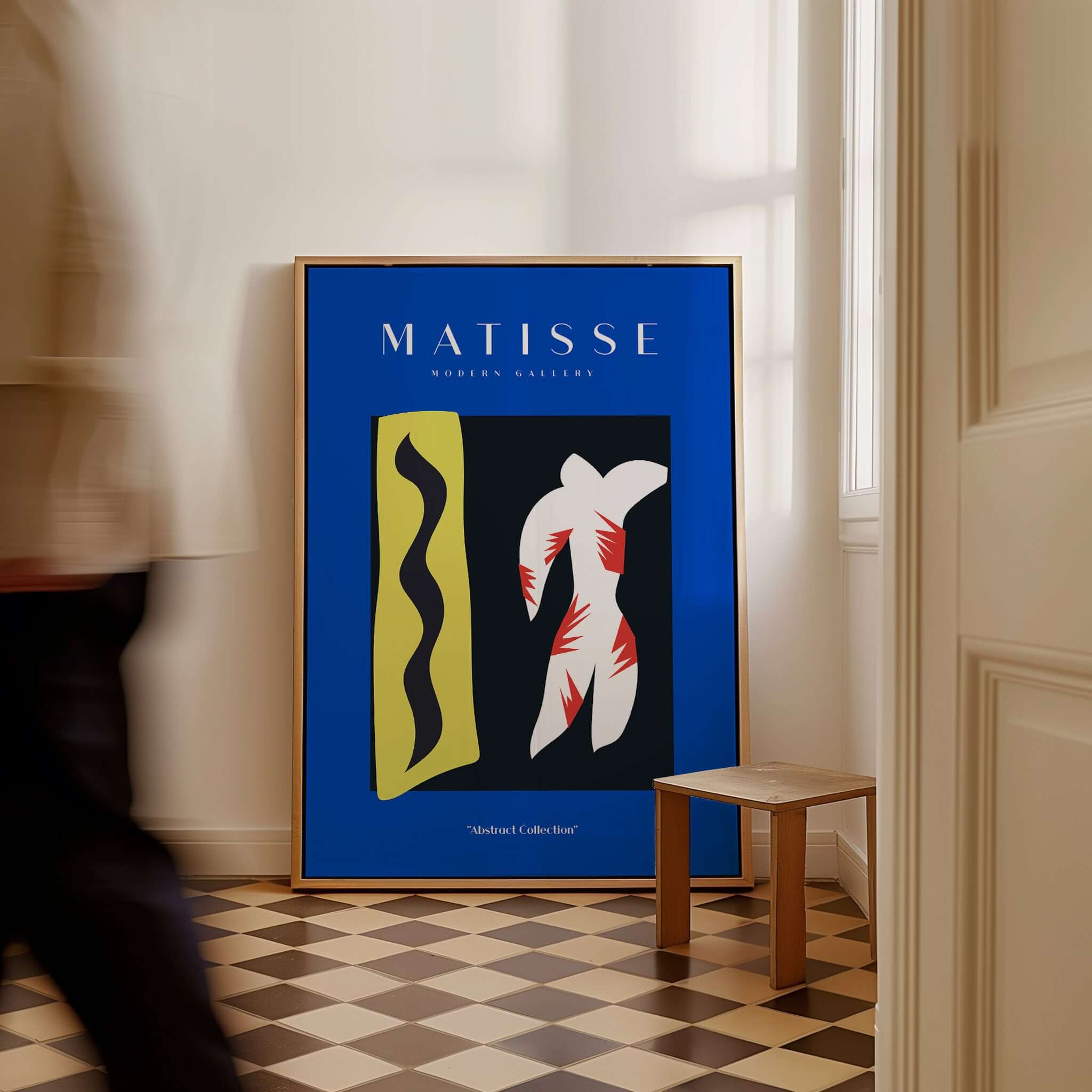 Matisse Art Prints - Icarus Jazz Abstract Art Print Blue displayed in an interior setting with a blue background.