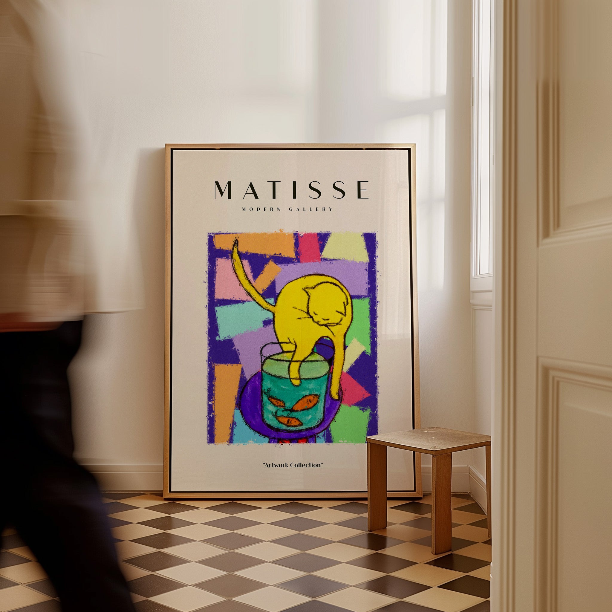 Matisse Art Prints - Yellow Cat with Fishbowl Geometric Poster framed in a stylish home interior.