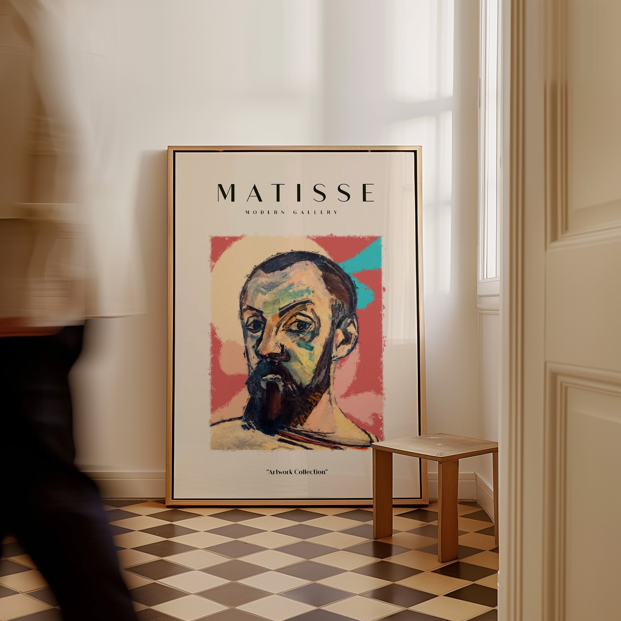 Matisse Art Prints - Expressive Self Portrait Poster displayed in a modern interior with patterned flooring.