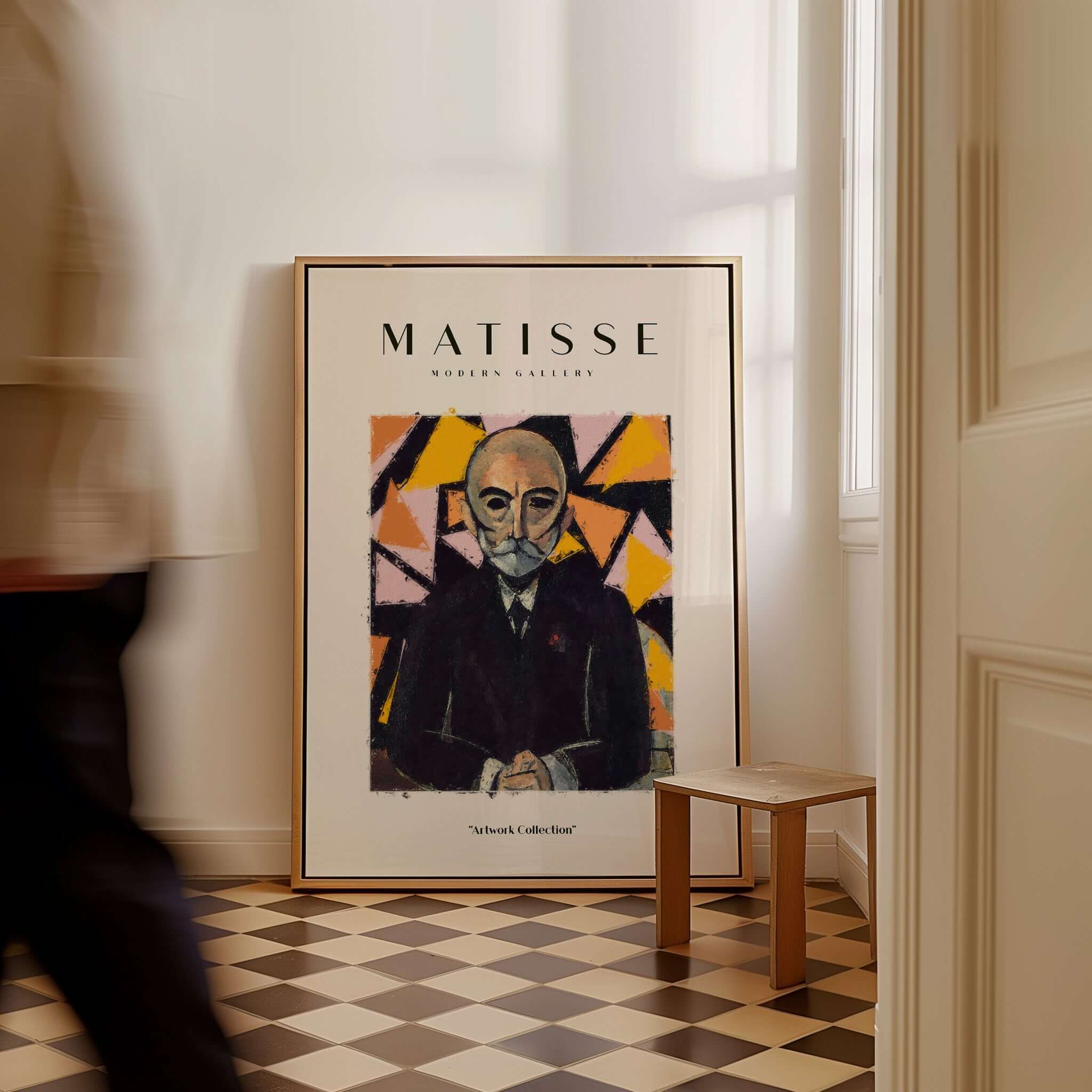 Matisse Art Prints - Portrait Man in Suit Geometric Wall Art displayed in a stylish interior setting with geometric background.