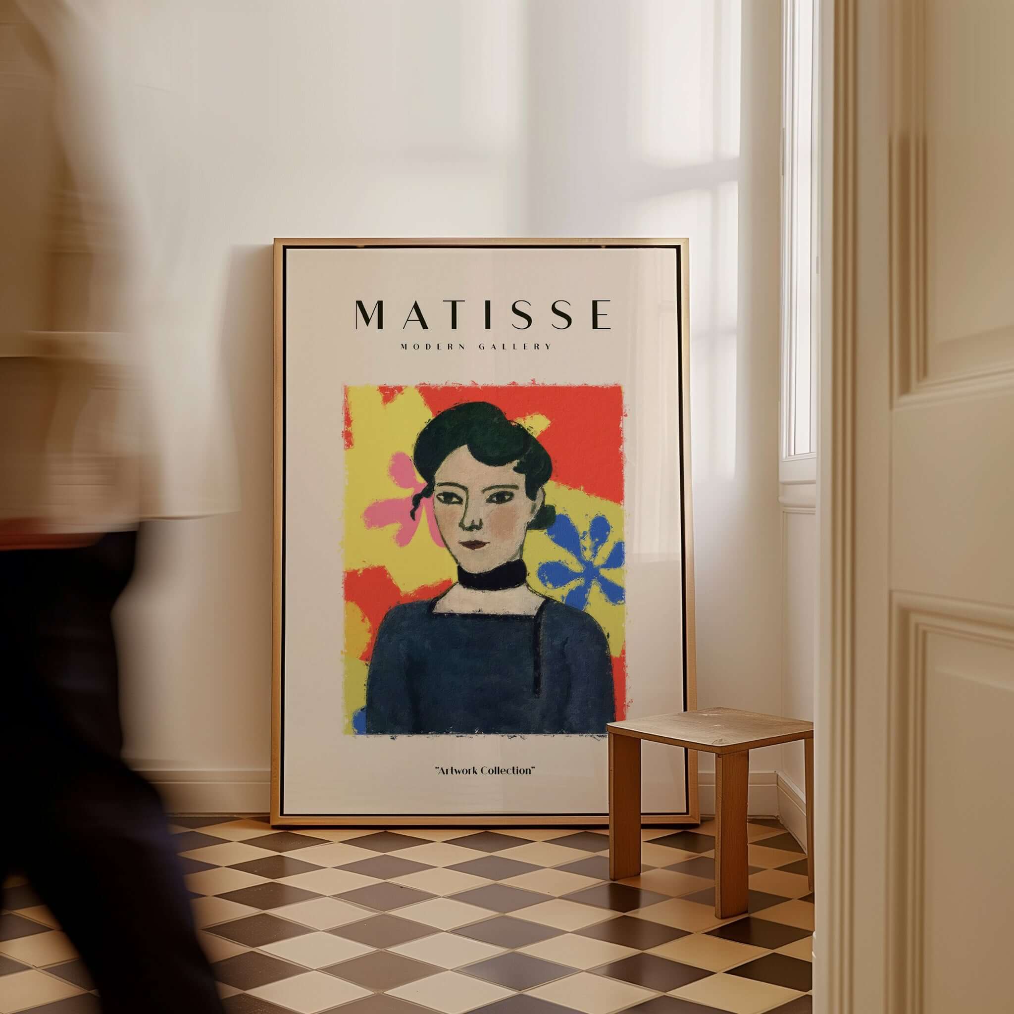 Matisse Art Prints - Woman Portrait Abstract Floral Poster displayed in modern interior with vibrant colors.
