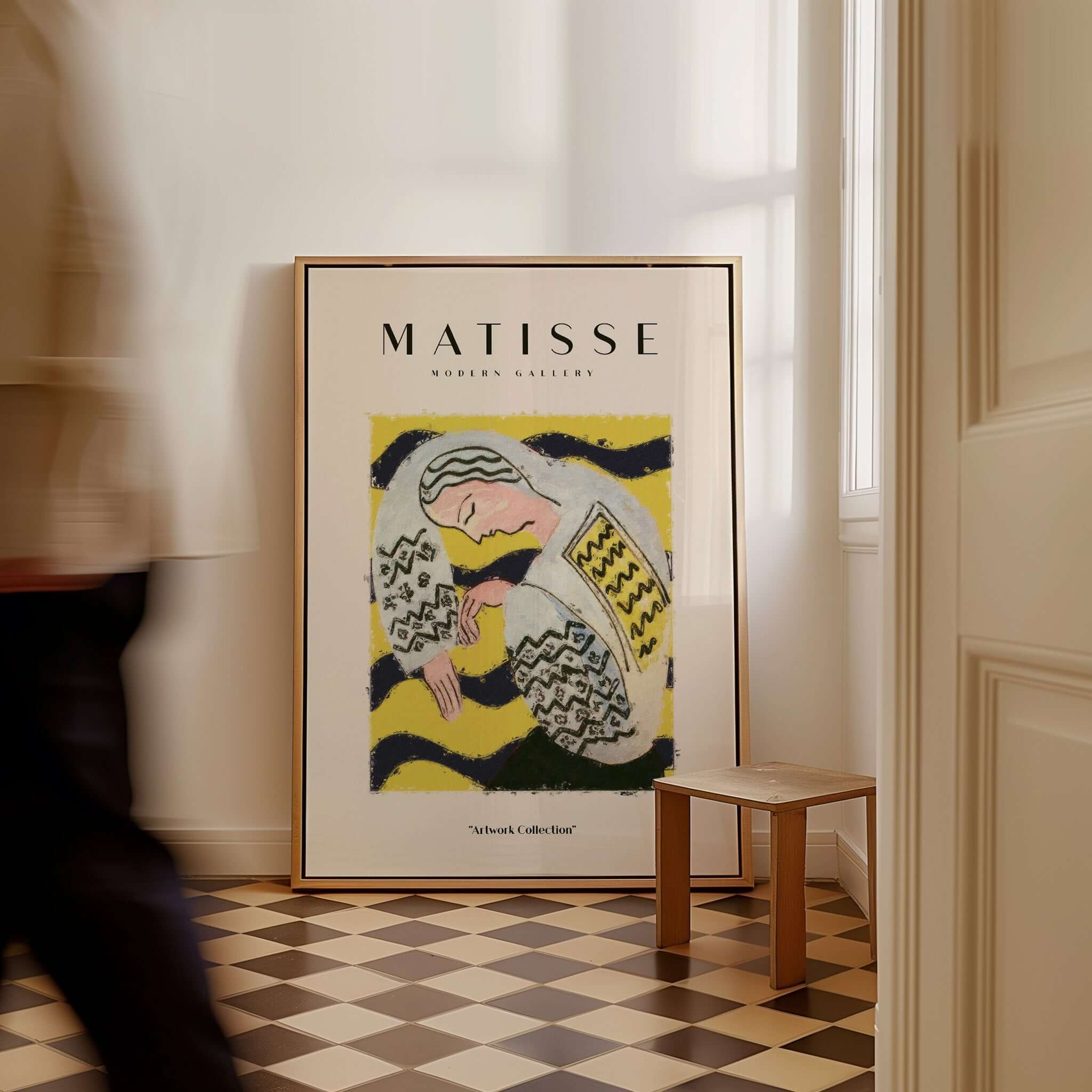 Matisse Art Prints - Resting Woman Patterned Blouse Yellow displayed in an elegant interior setting with patterned flooring.