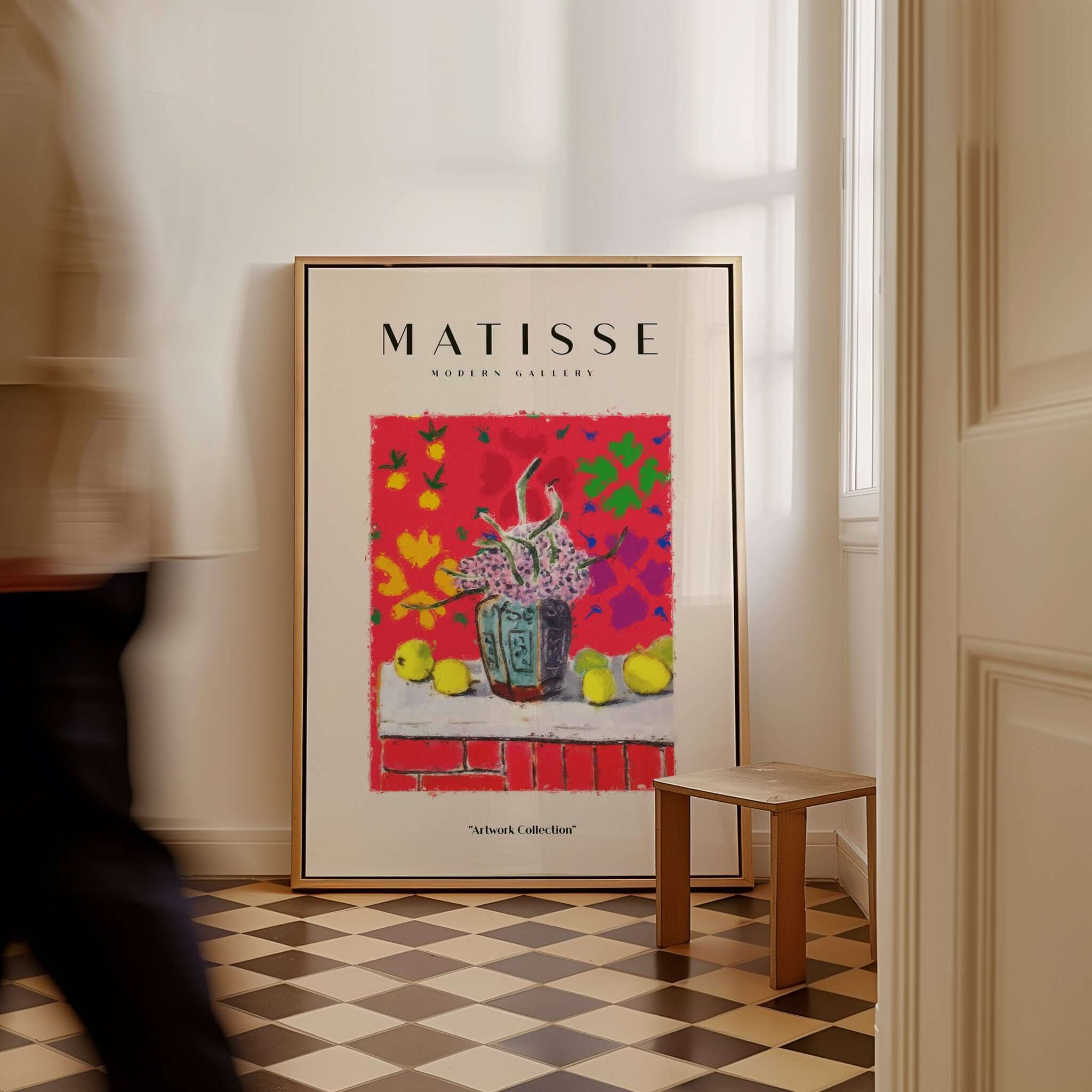 Matisse Art Prints -  Still Life Flowers Lemons Red Pattern Poster displayed in a stylish interior with vibrant colors.