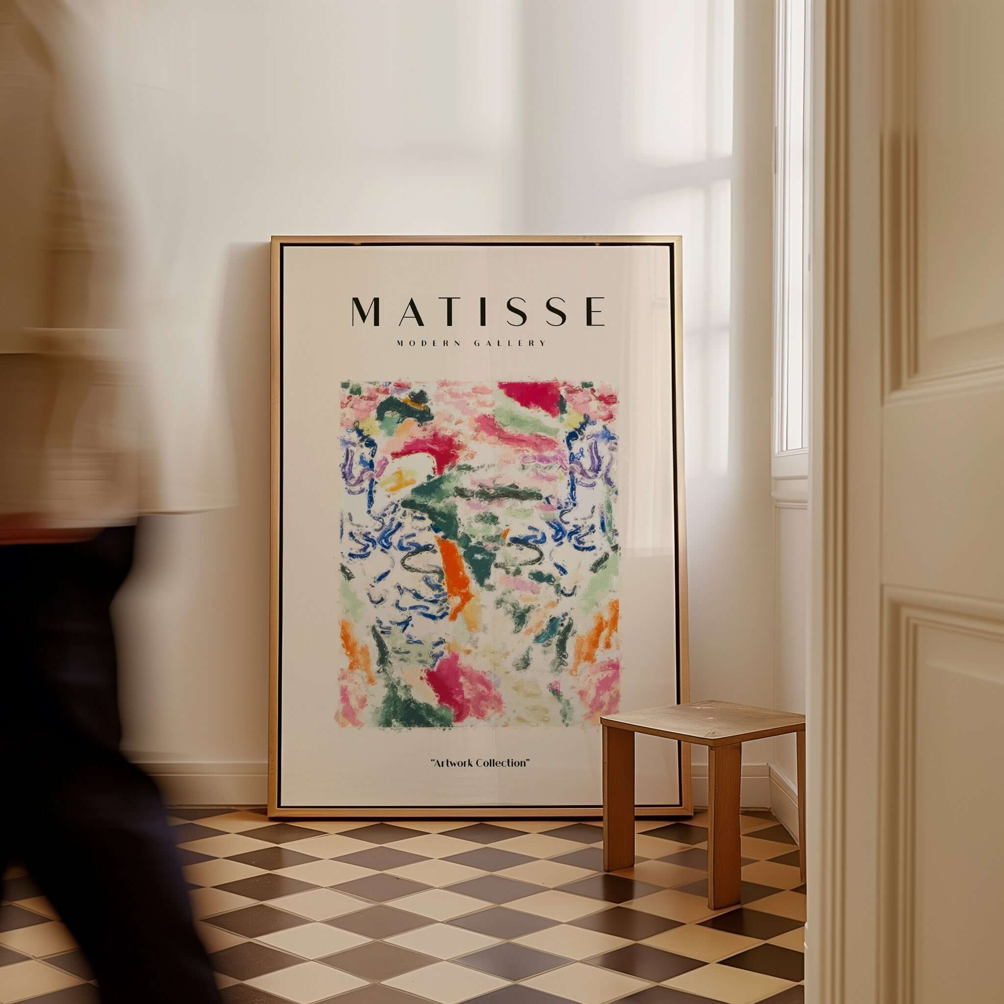 Matisse Art Prints - Abstract Expressive Swirls Colors Wall Art displayed in a modern interior with checkerboard flooring.