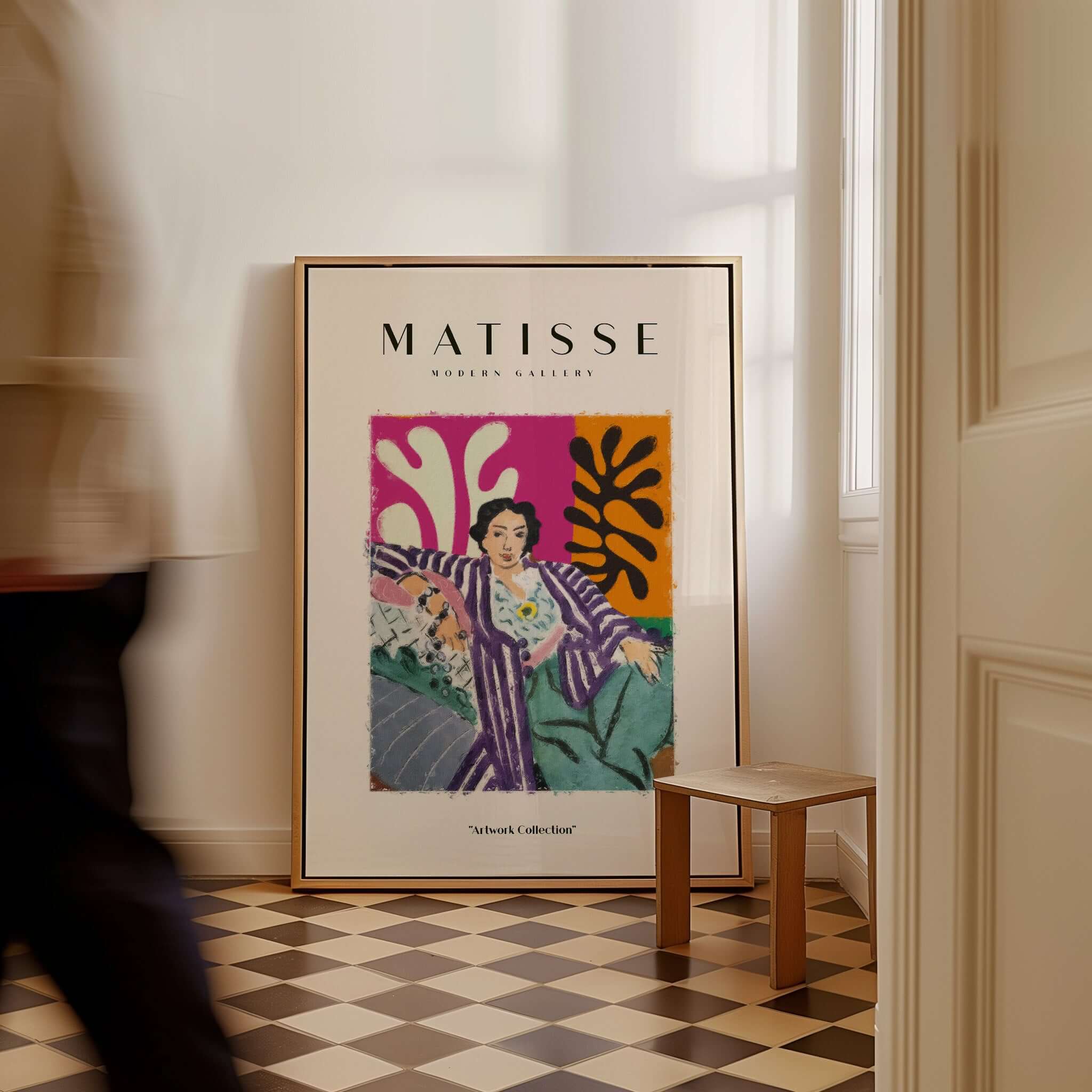 Matisse Art Prints - Reclining Woman Striped Robe Abstract Print displayed in a stylish room setting.
