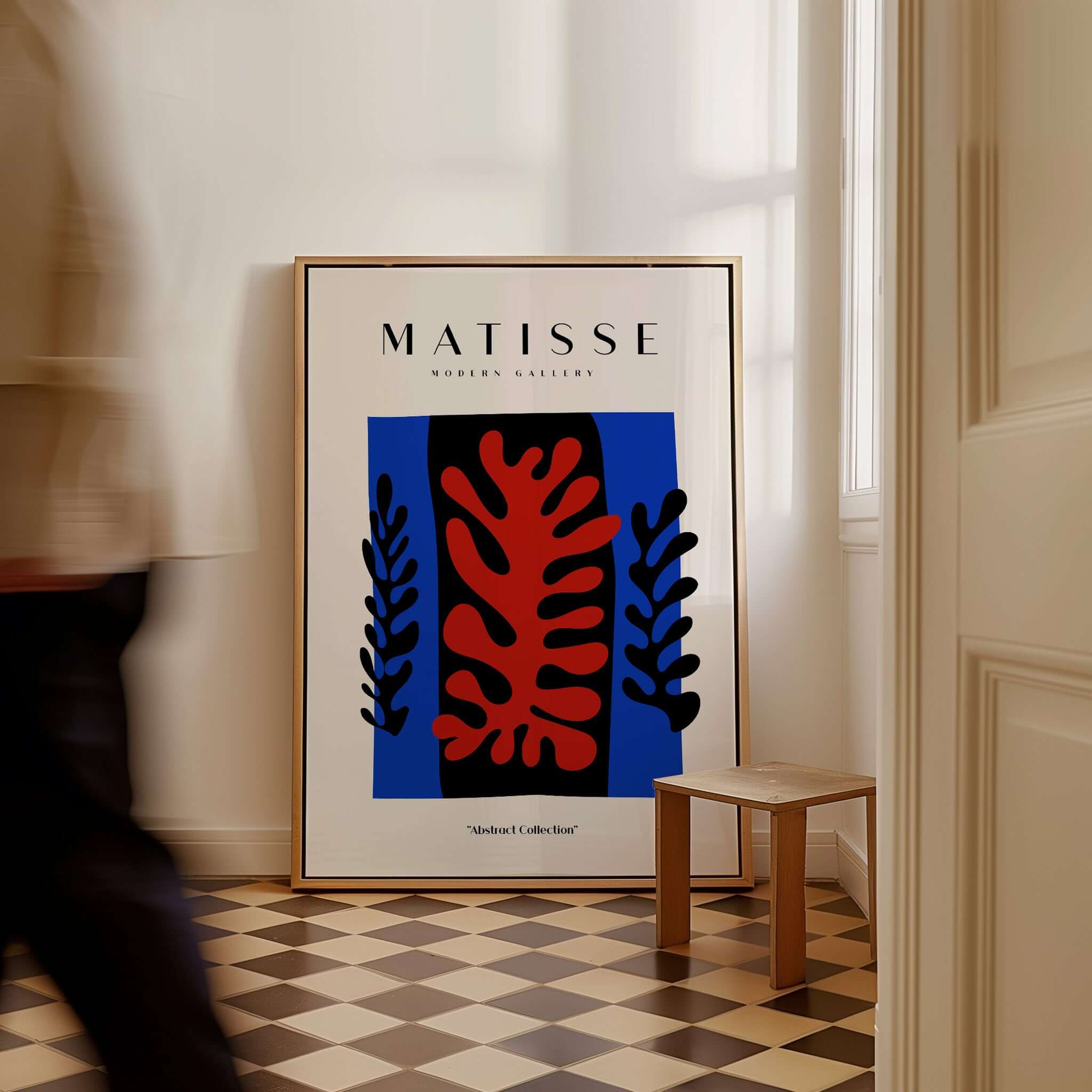 Matisse Art Prints -  Red Coral Black Leaves Blue Frame Poster displayed in a stylish interior setting.