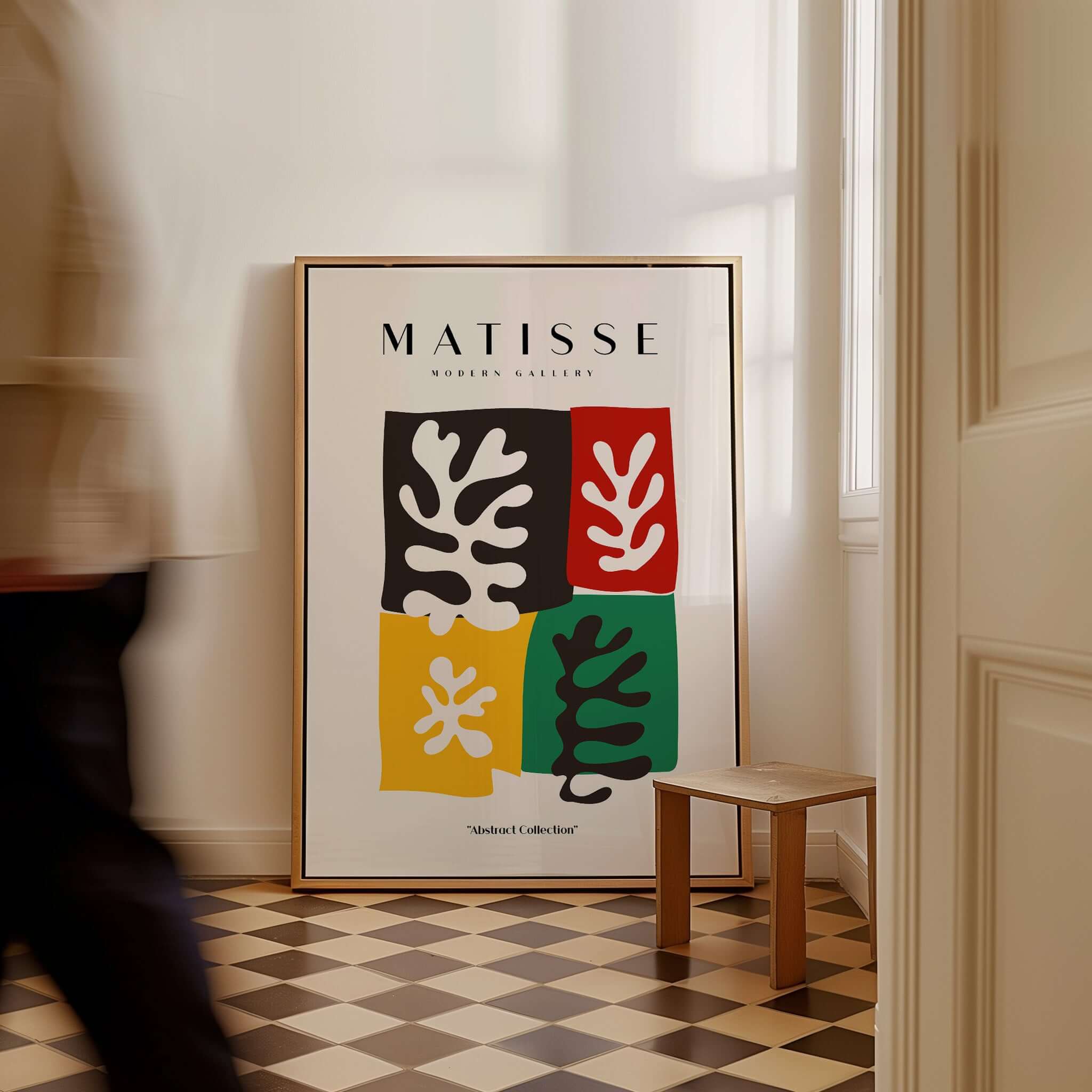 Matisse Art Prints - Four Blocks Abstract Leaves Color Poster displayed in a stylish interior with contrasting colors and shapes.