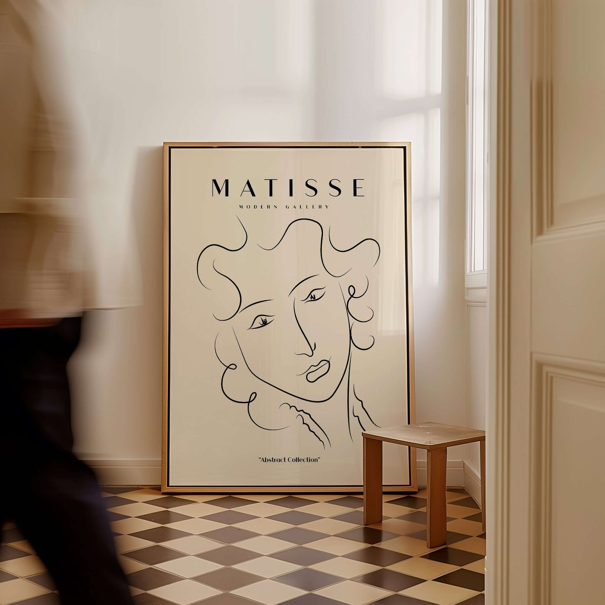 Matisse Art Prints -  Line Art Ladies Face with Wavy Hair Minimalist Poster displayed in a stylish interior.