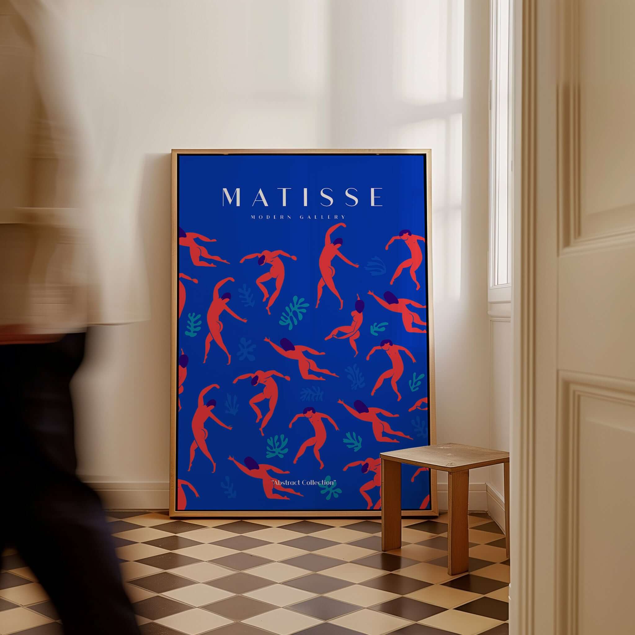 Matisse Art Prints -  Dancing Figures Pattern Red Blue Poster displayed in a room with a checkered floor.