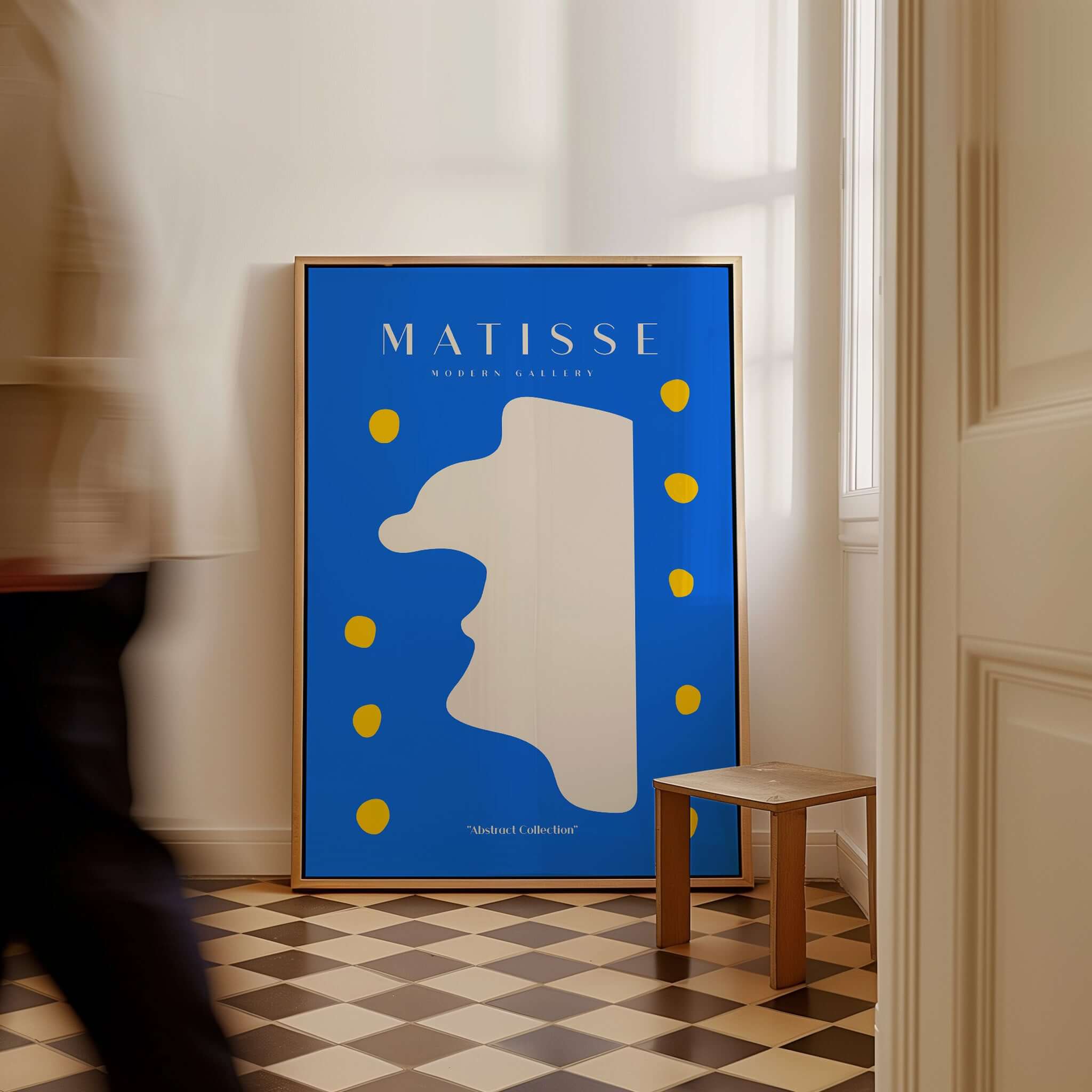 Matisse Art Prints -  Blue Abstract Profile with Yellow Dots Poster displayed in a minimal room setting.